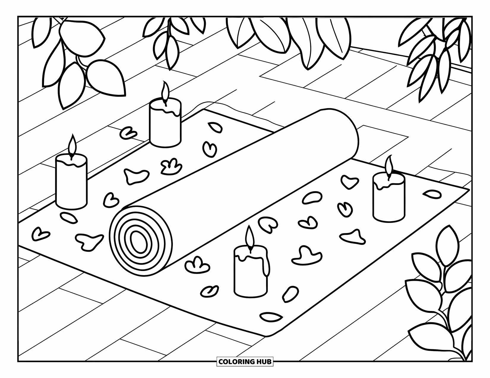 Self Care Coloring Page for Kids: A rolled yoga mat with candles and scattered petals around it