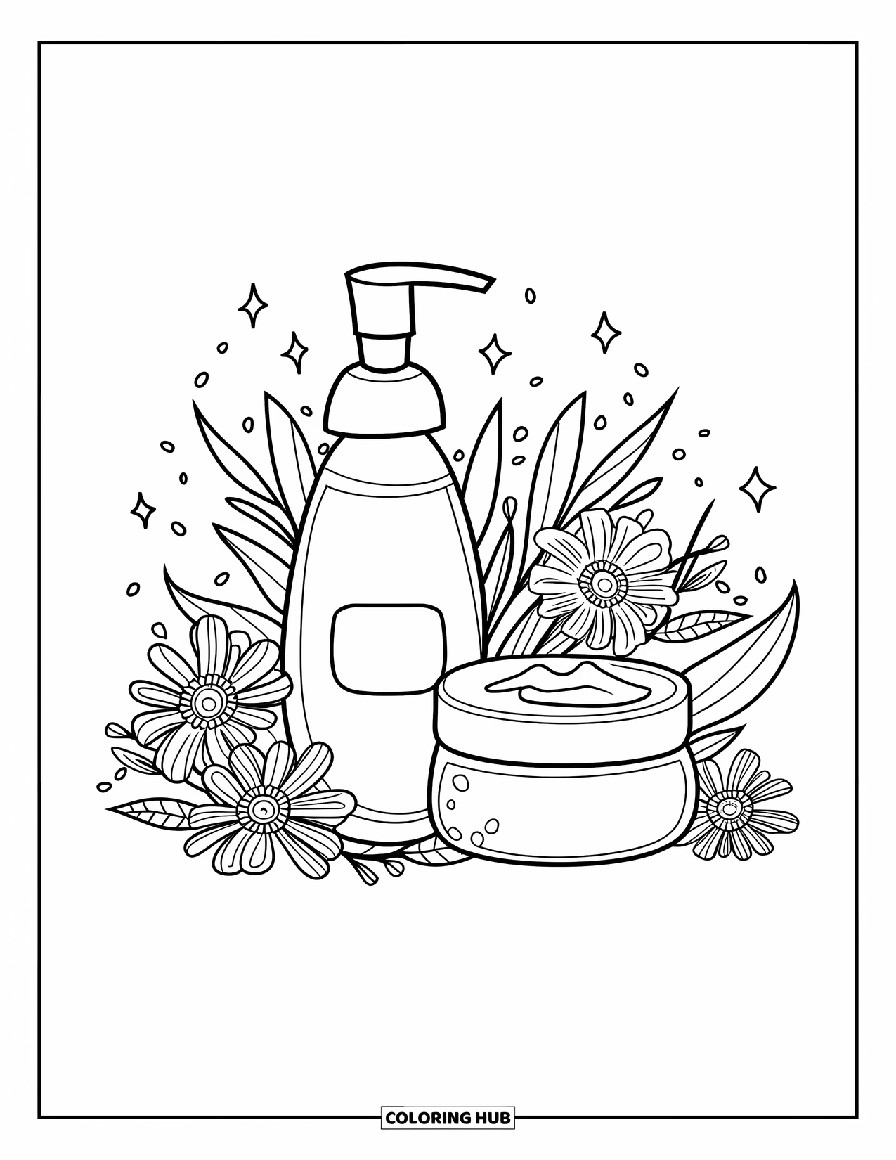 Self Care Coloring Page for Kids: A skincare set with bottles, flowers, and sparkles all around