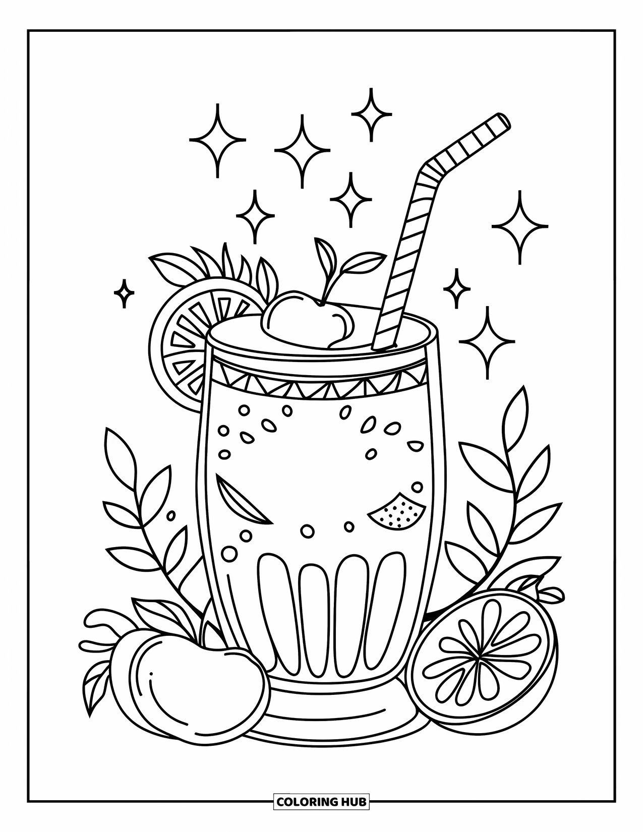 Self Care Coloring Page for Kids: A smoothie glass with fruit slices, a straw, and sparkles