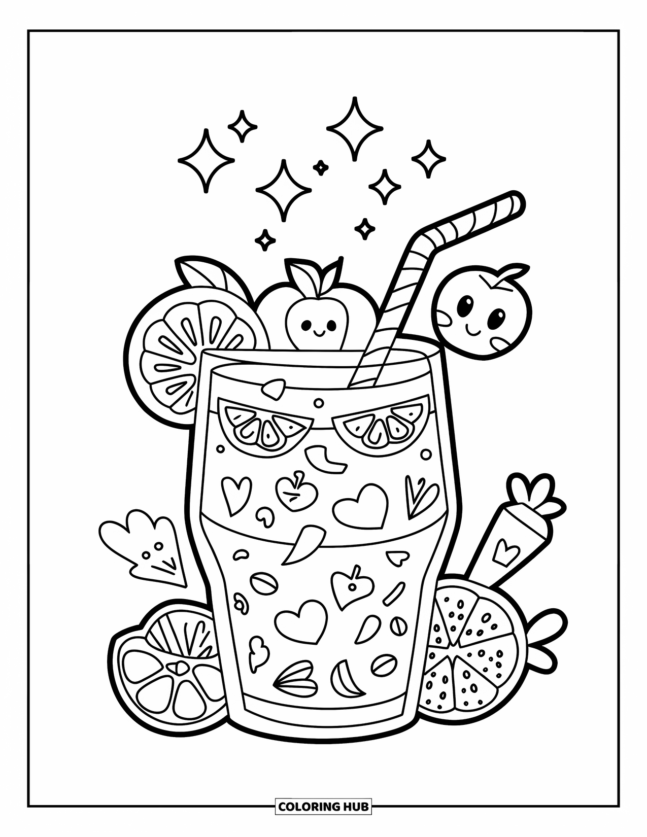 Self Care Coloring Page for Kids: A smoothie with fruit slices, sparkles, and a smiling straw