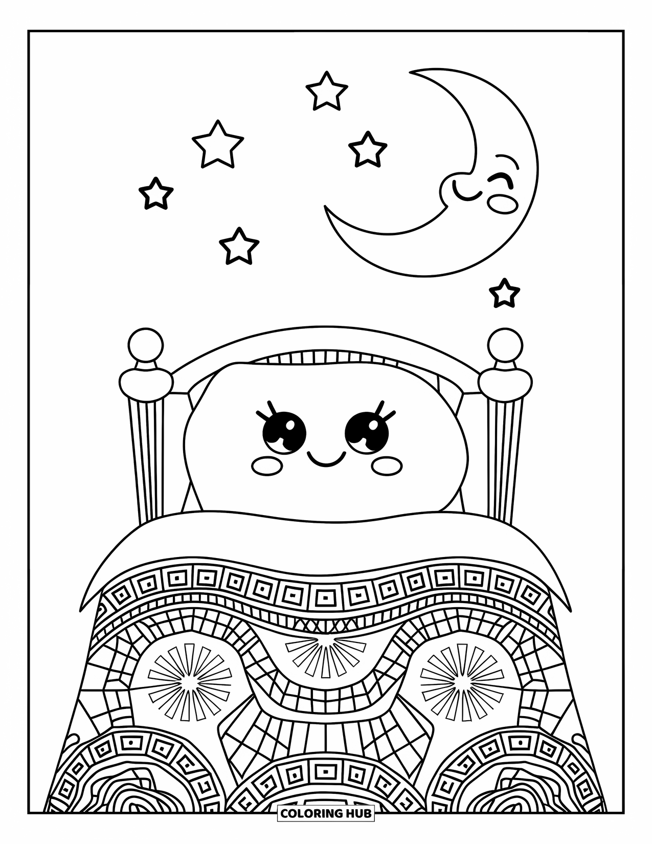 Self Care Coloring Page for Kids: A soft bed with pillow, blanket, moon, and stars