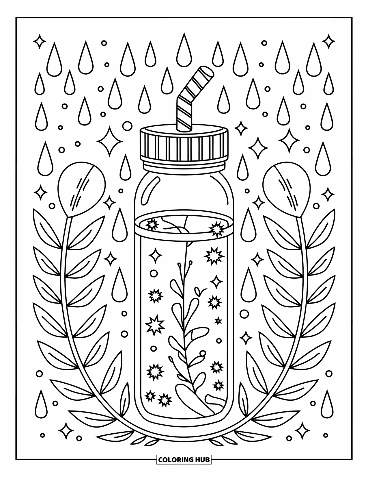 Self Care Coloring Page for Kids: A tall straw bottle with stars, vines, and water drops