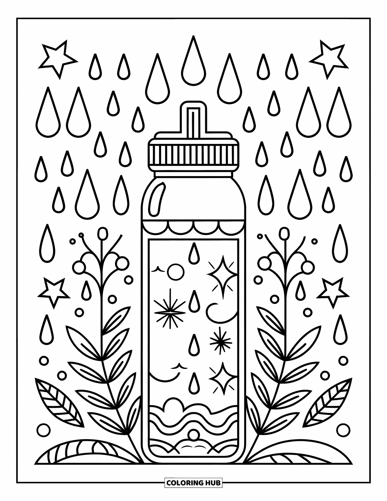 Self Care Coloring Page for Kids: A tall water bottle with straw, droplets, vines, and stars