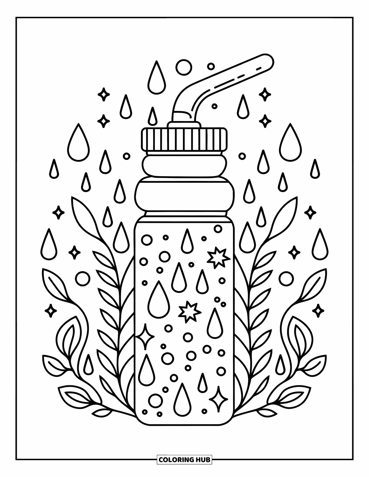 Self Care Coloring Page for Kids: Bottle with straw surrounded by vines, stars, and droplets