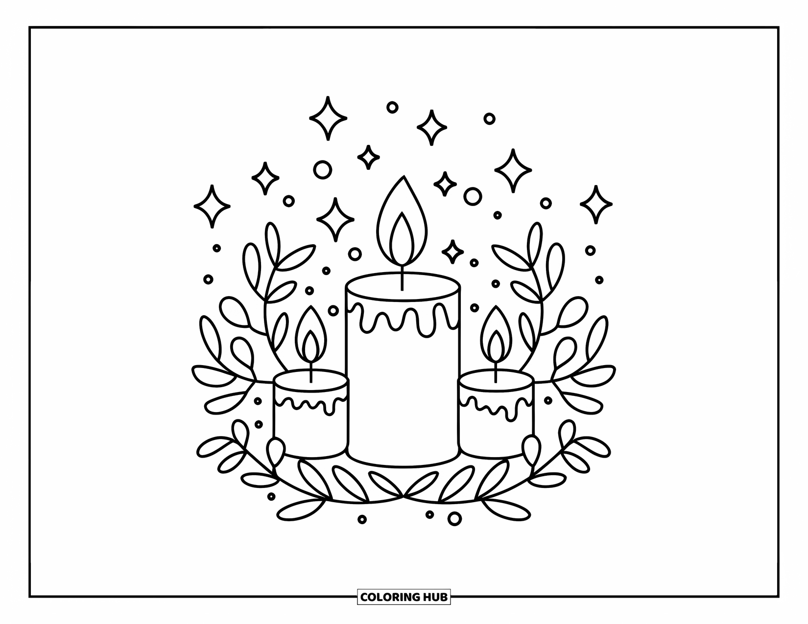 Self Care Coloring Page for Kids: Candles with leafy sprigs and stars glowing warmly
