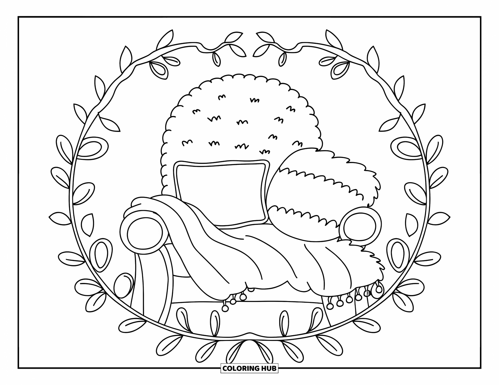 Self Care Coloring Page for Kids: Chair with pillow and blanket surrounded by leafy vines