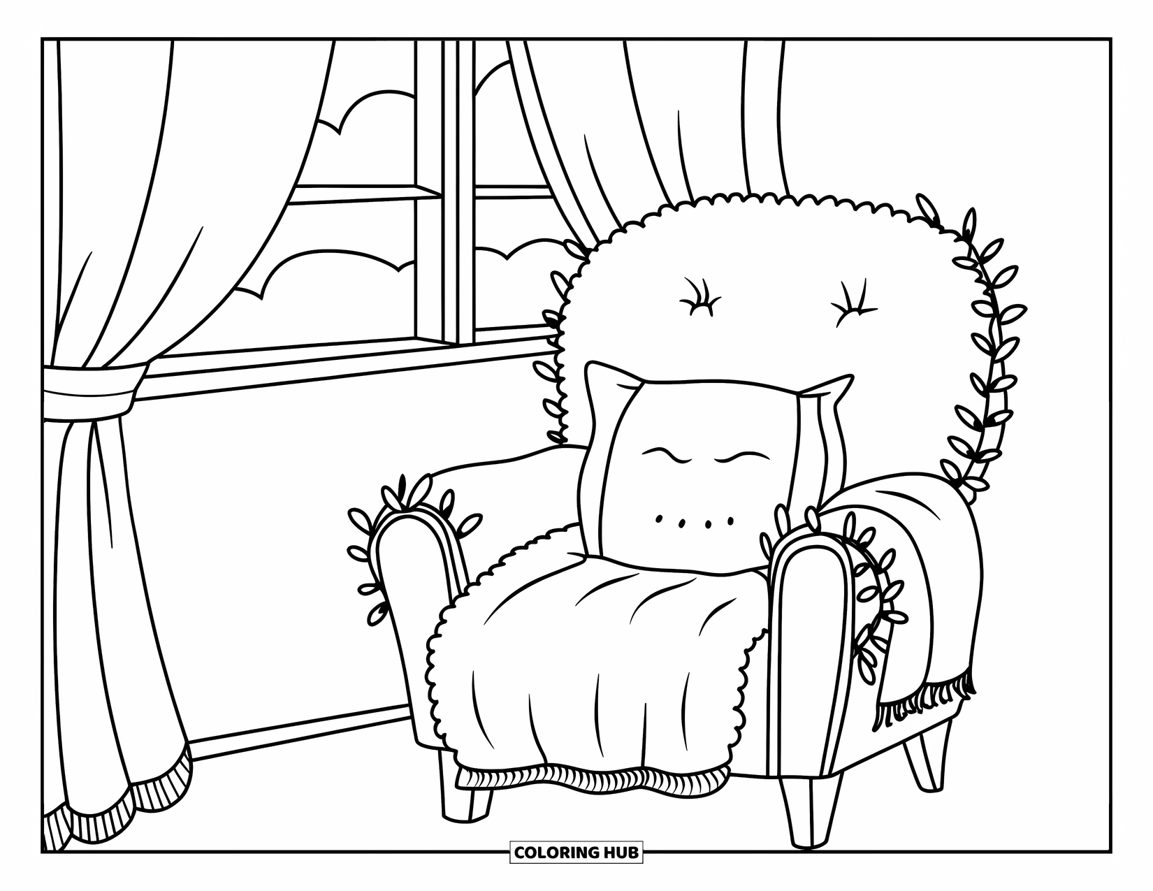 Self Care Coloring Page for Kids: Cozy chair by a window with pillow, blanket, and leafy vines