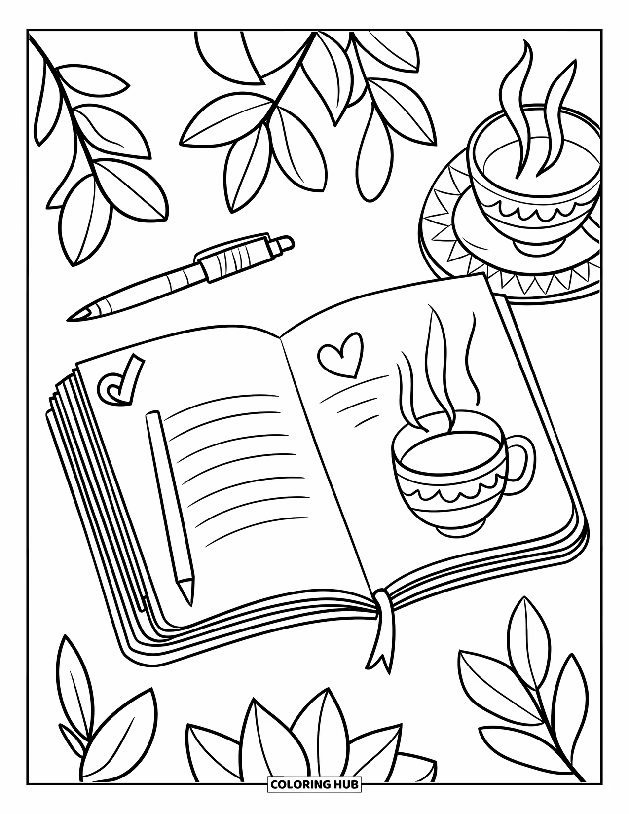 Self Care Coloring Page for Kids: Desk scene with a journal, pen, tea, and a heart doodle