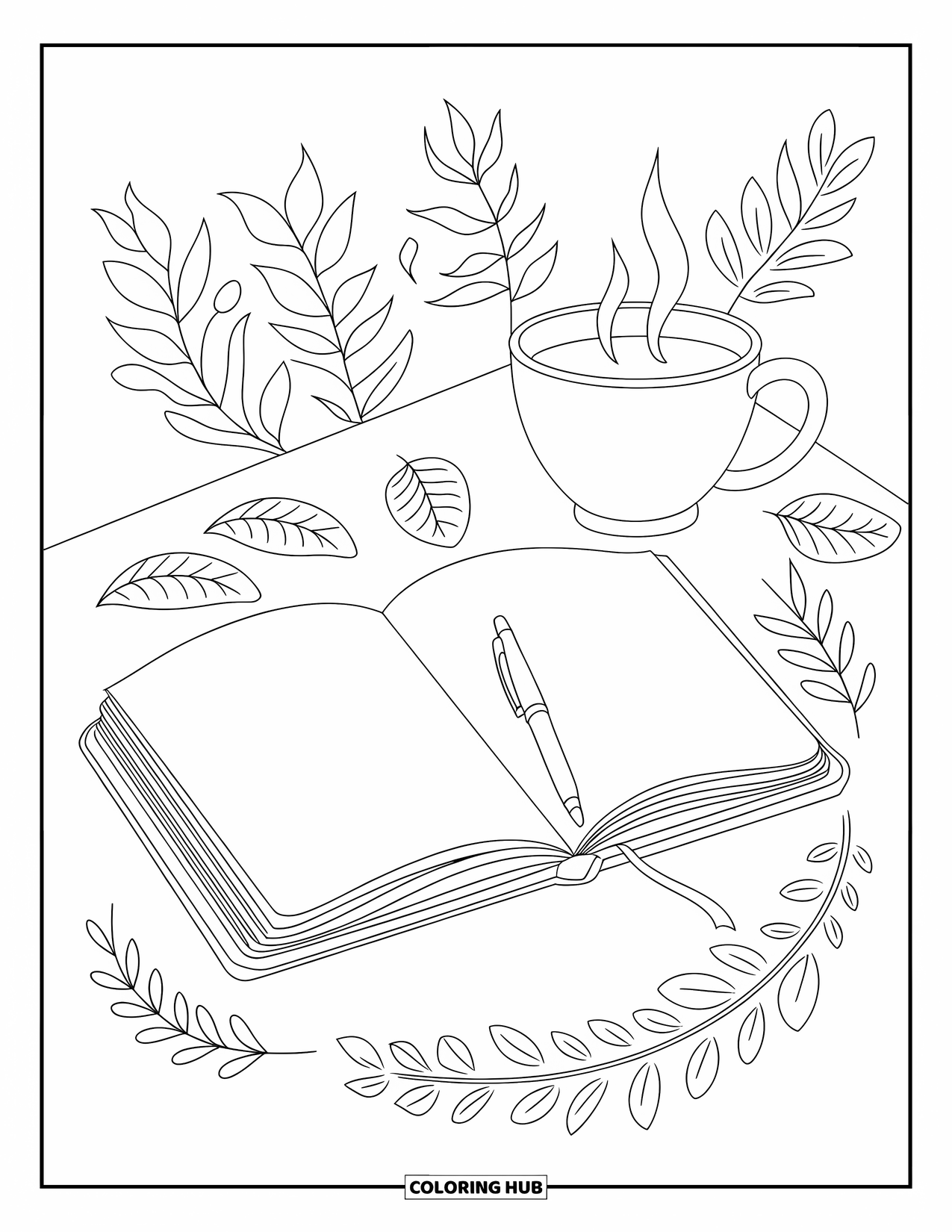 Self Care Coloring Page for Kids: Desk with journal, pen, and steaming tea surrounded by leaves