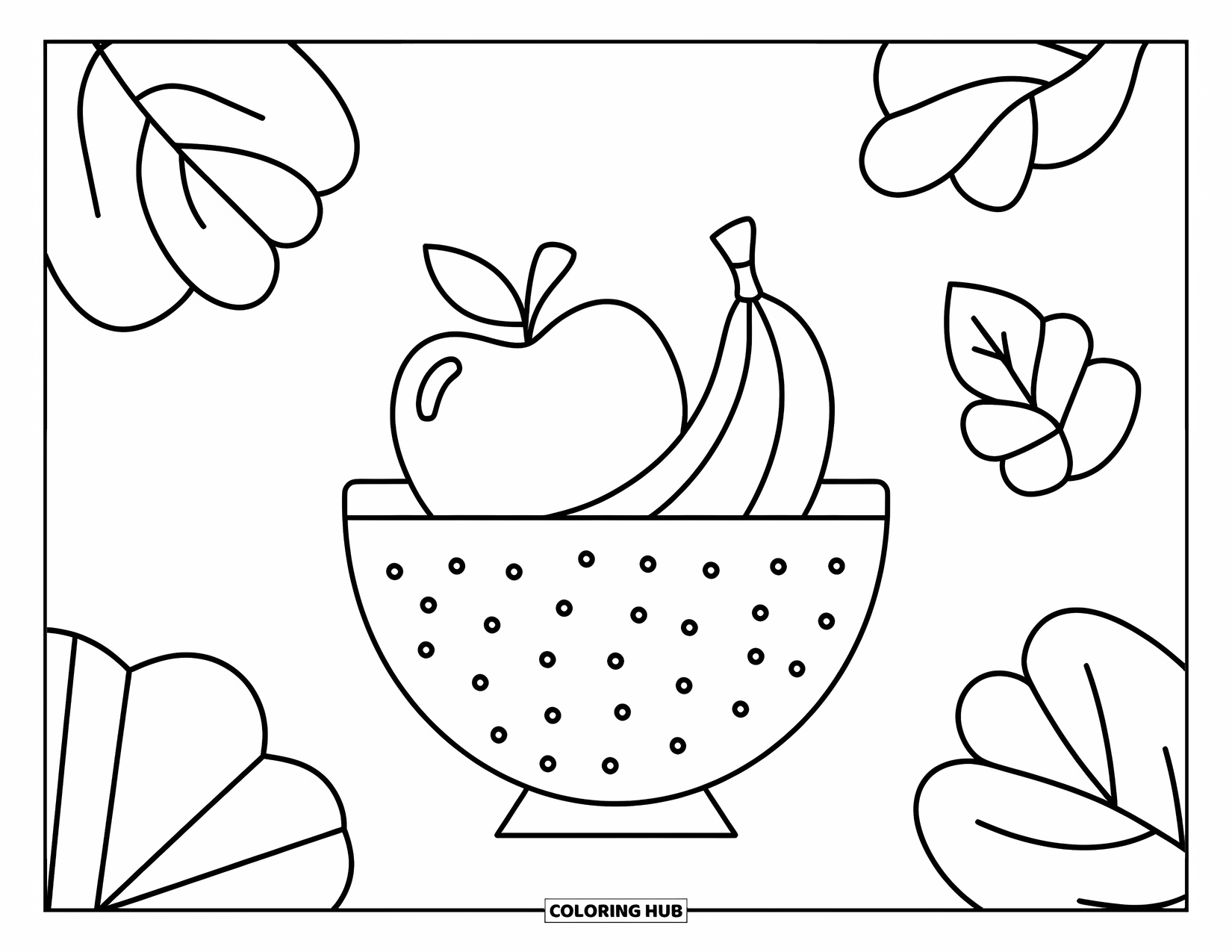 Self Care Coloring Page for Kids: Fruit bowl with apple, banana, and leafy shapes nearby