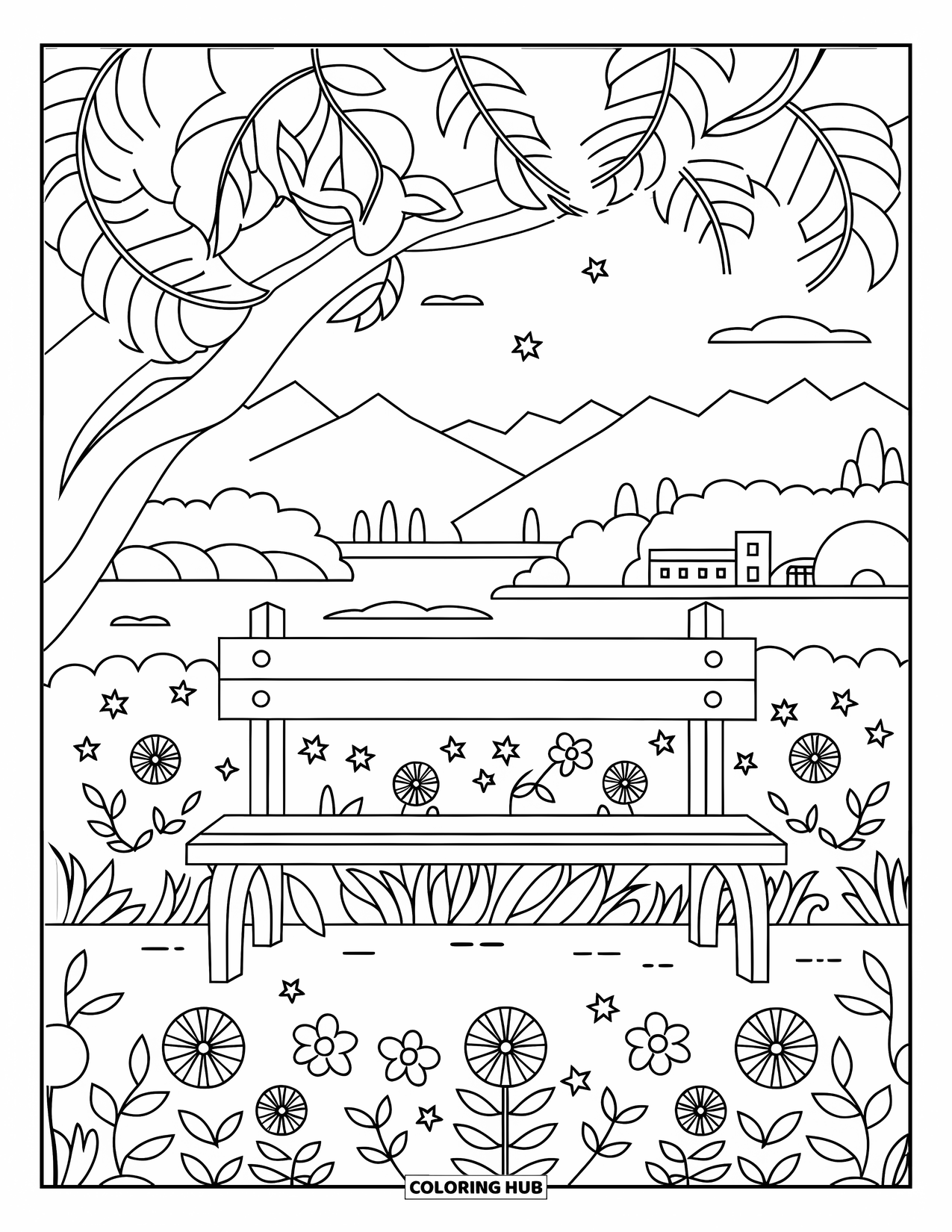 Self Care Coloring Page for Kids: Park bench under a tree with flowers, vines, and stars
