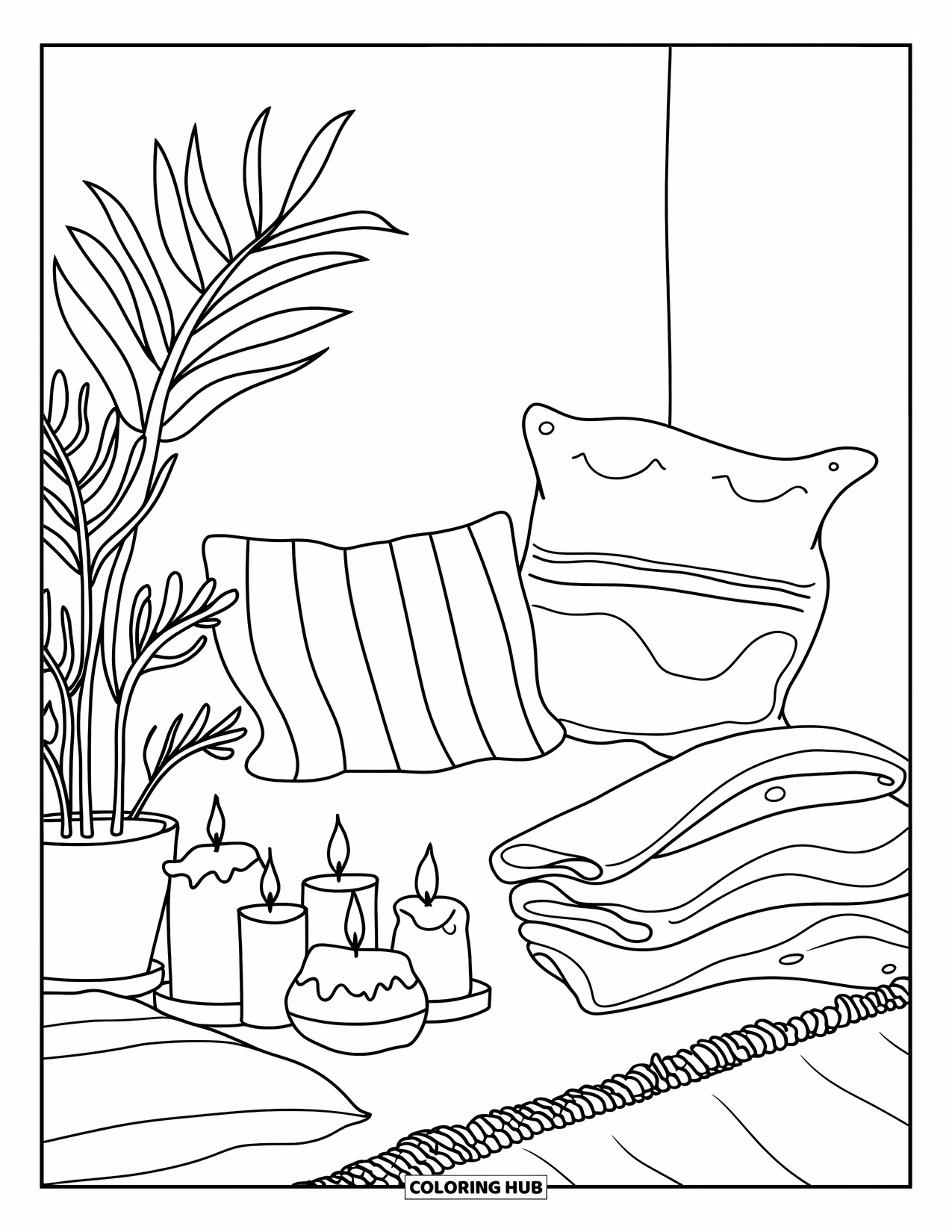 Self Care Coloring Page for Kids: Potted plants, candles, and pillows in a simple cozy space