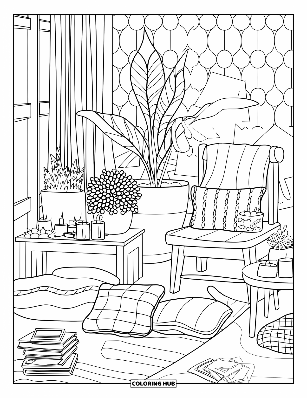 Self Care Coloring Page for Kids: Room corner with plants, candles, pillows, and books