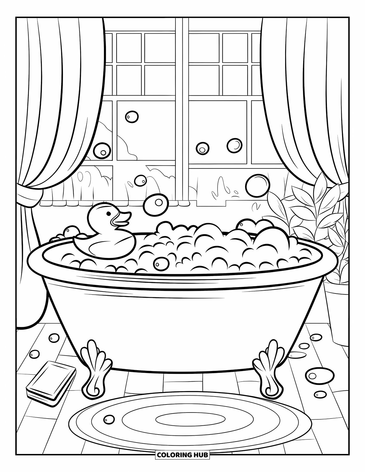 Self Care Coloring Page for Kids: Round tub with bubbles, rubber duck, and soap in a cozy room
