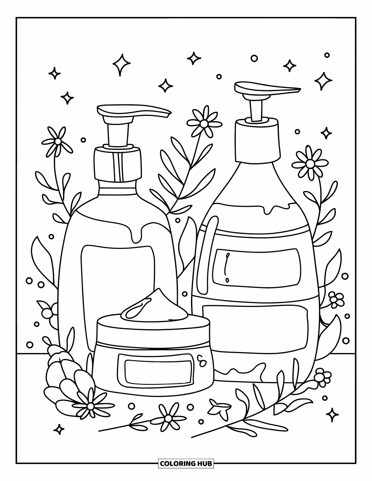 Self Care Coloring Page for Kids: Skincare bottles, a face mask jar, flowers, and tiny sparkles