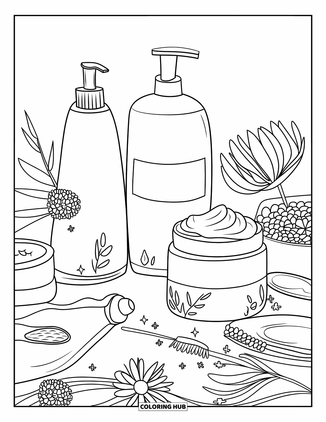 Self Care Coloring Page for Kids: Skincare jars, bottles, flowers, and sparkles in a simple design