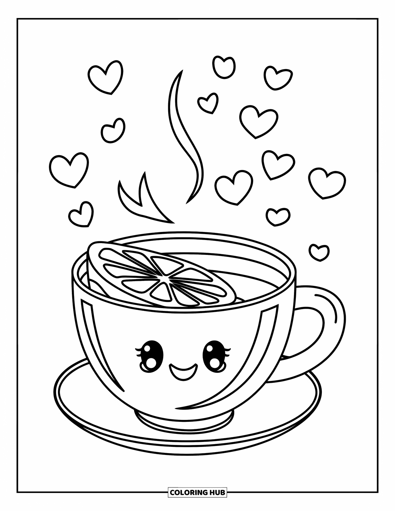 Self Care Coloring Page for Kids: Tea cup with lemon slice and floating hearts around