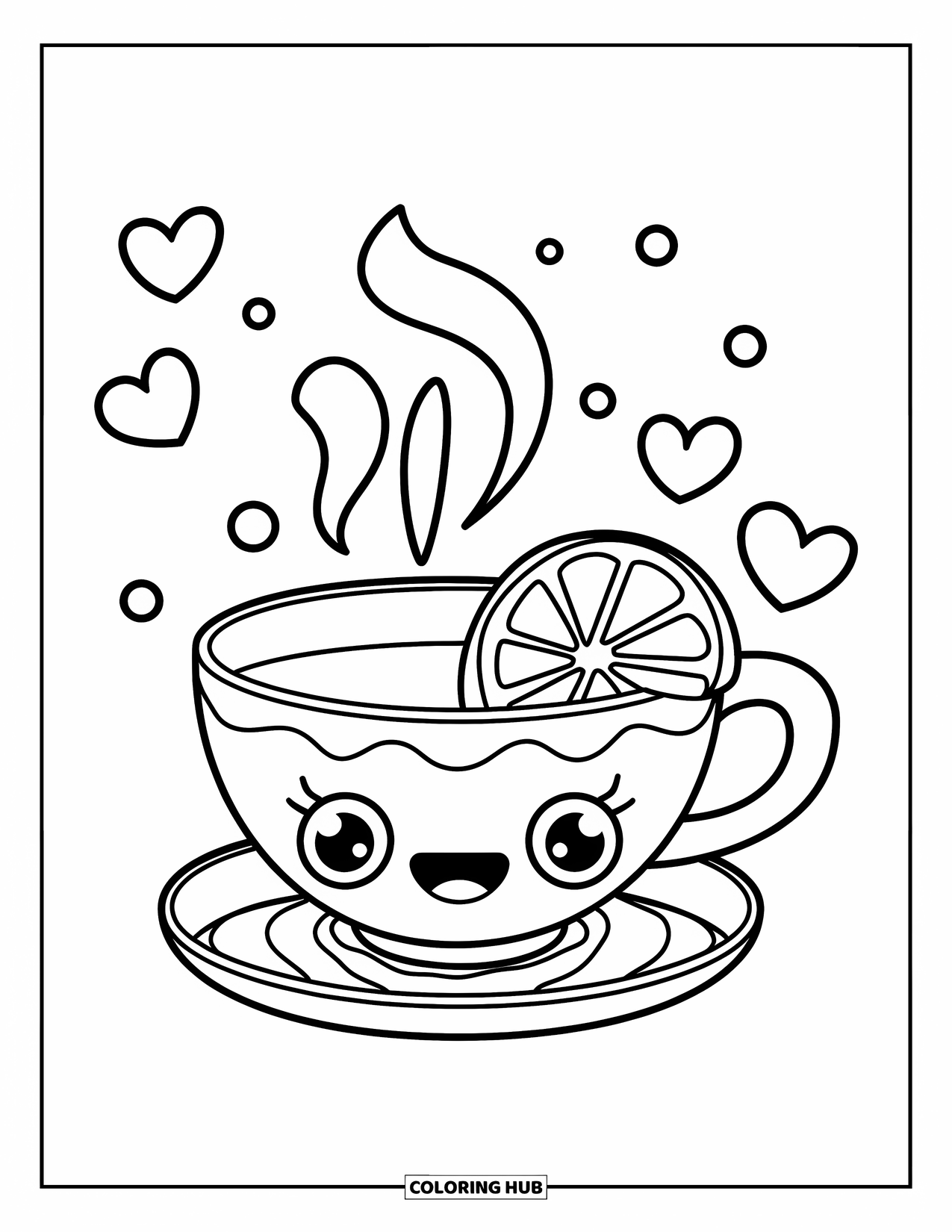 Self Care Coloring Page for Kids: Tea cup with lemon slice on a saucer and floating hearts