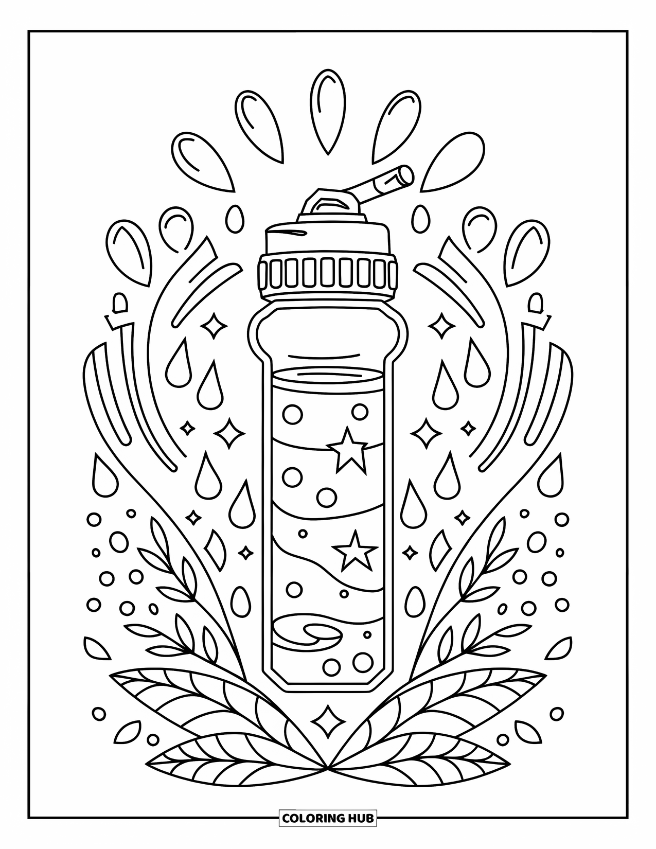 Self Care Coloring Page for Kids: Water bottle with straw top surrounded by drops and stars