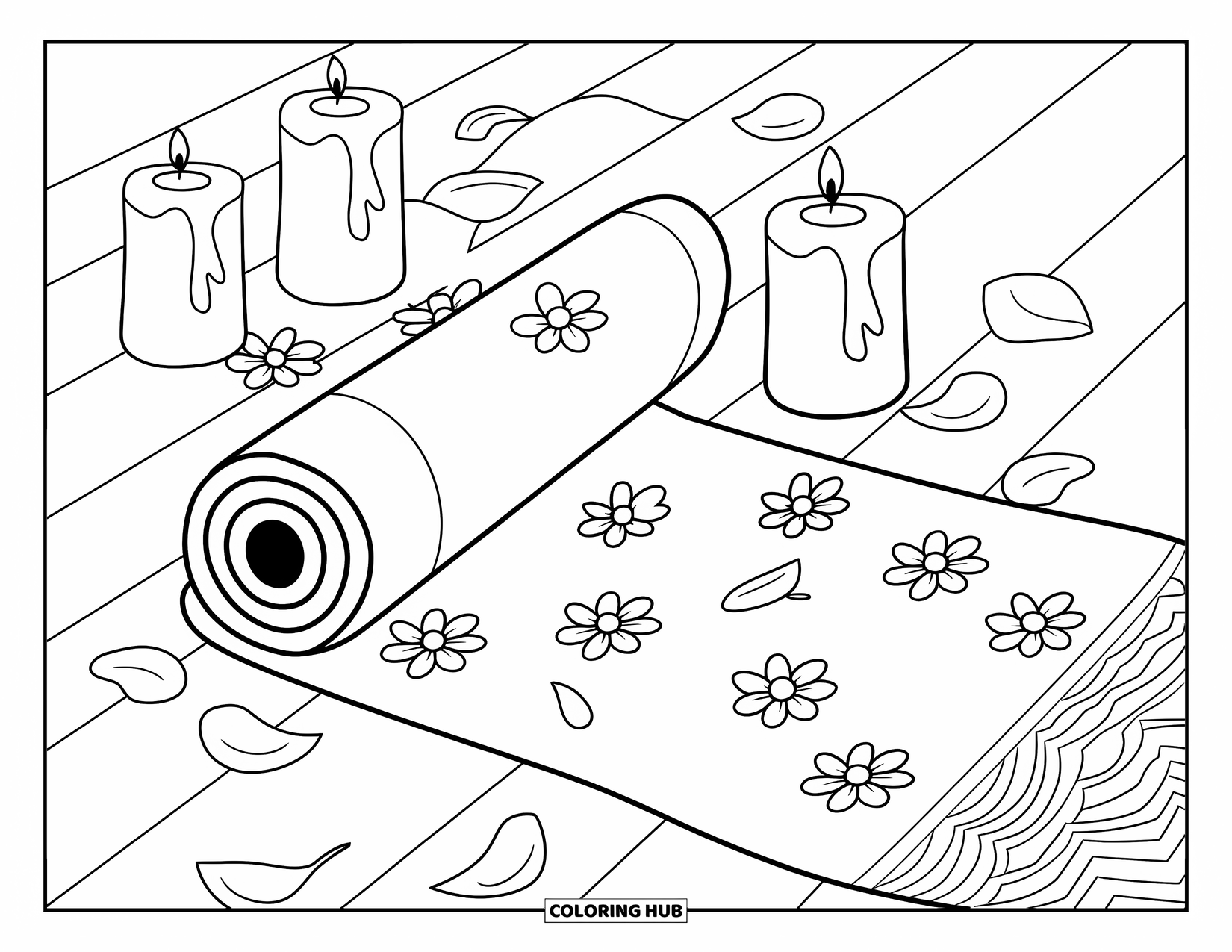 Self Care Coloring Page for Kids: Yoga mat on wood with candles and flower petals nearby