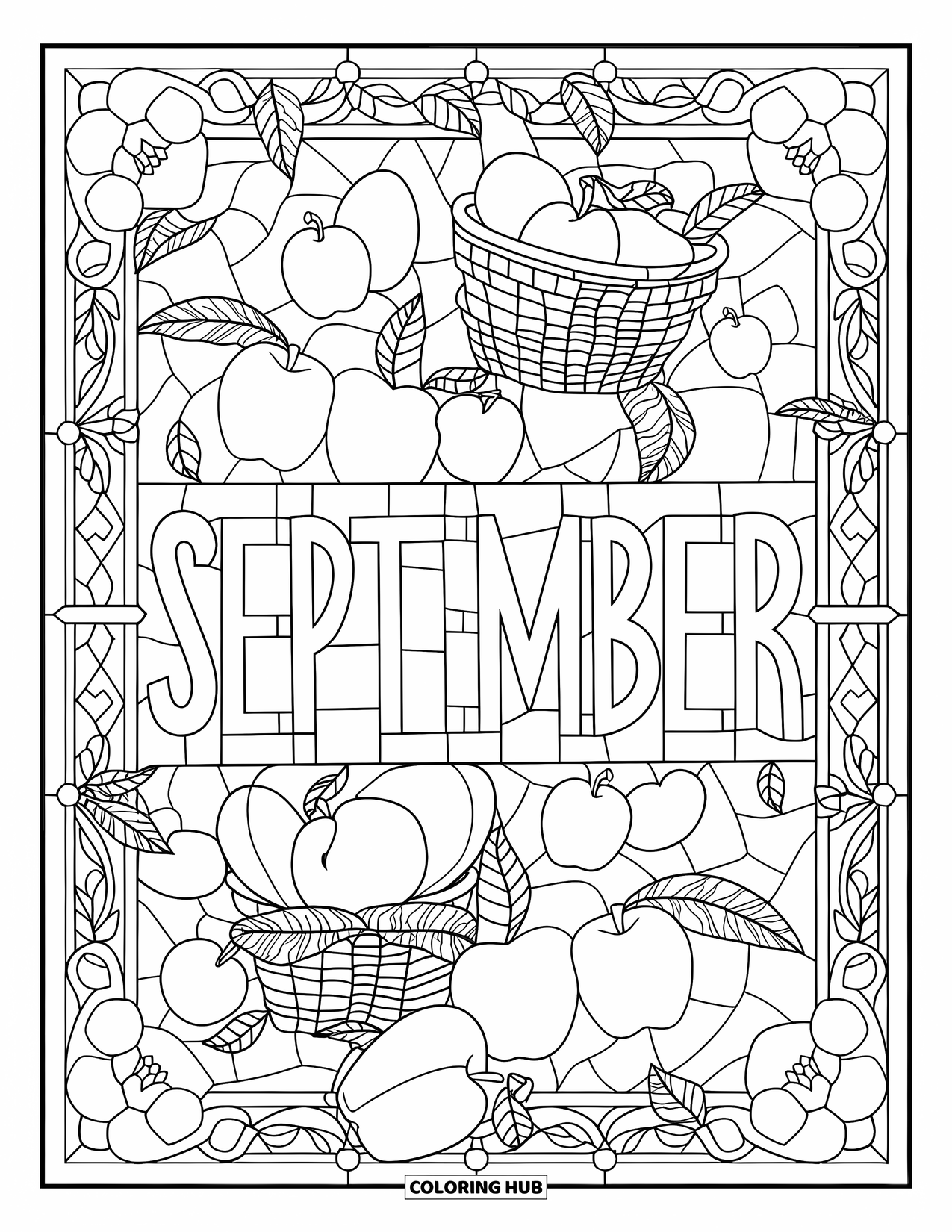 September Coloring Page for Adults: Apples and woven baskets border "September" in a stained glass design