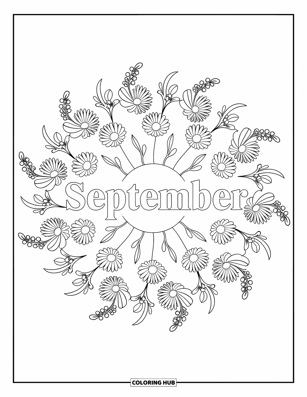 September Coloring Page for Adults: Asters and berries form a soft floral mandala around "September"