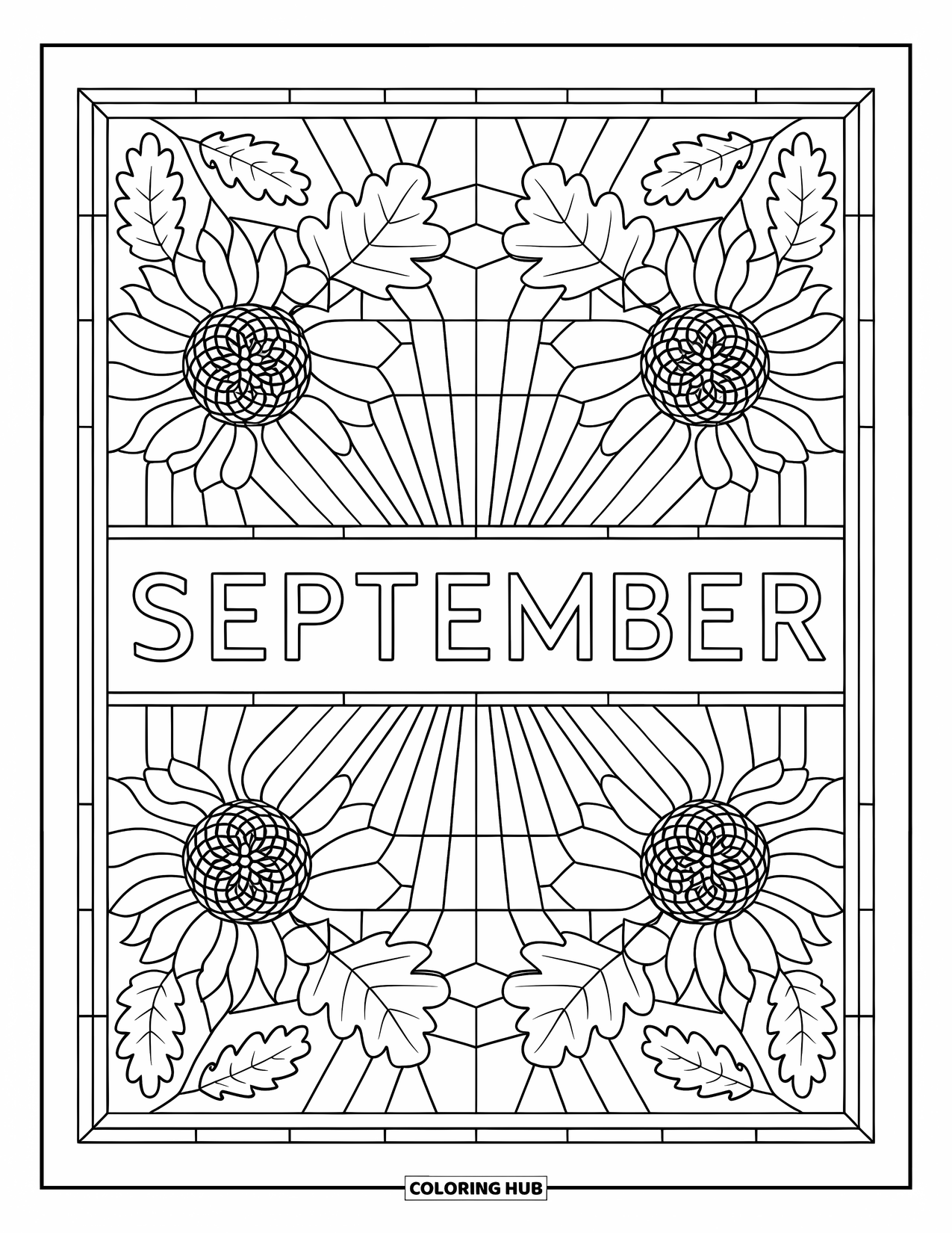 September Coloring Page for Adults: Bold "September" framed by radiant stained glass leaves and acorns