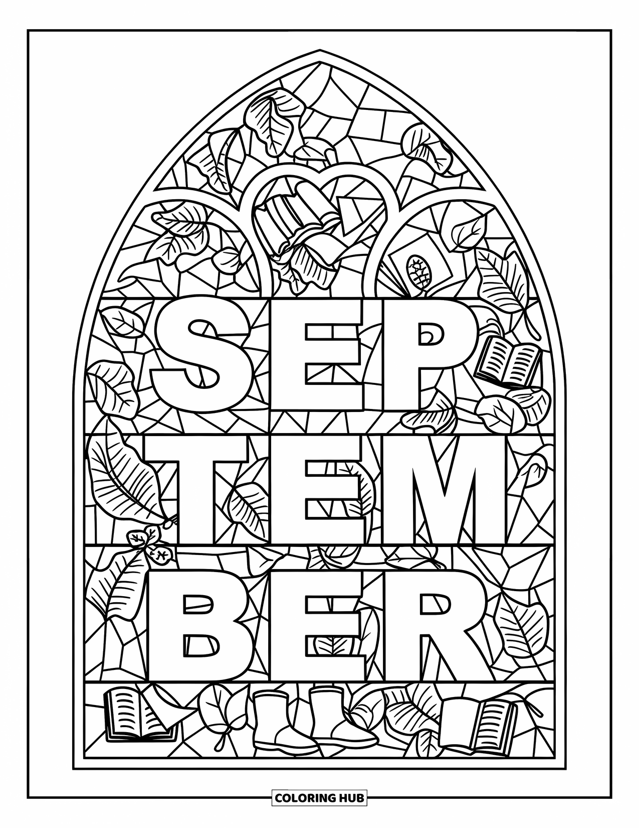 September Coloring Page for Adults: Cathedral window filled with boots, books, and leaves frames "September"