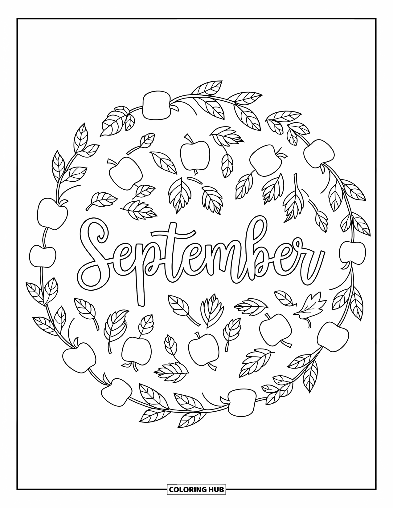 September Coloring Page for Adults: Circular mandala of apples, leaves, and vines encircles hand-lettered "September"
