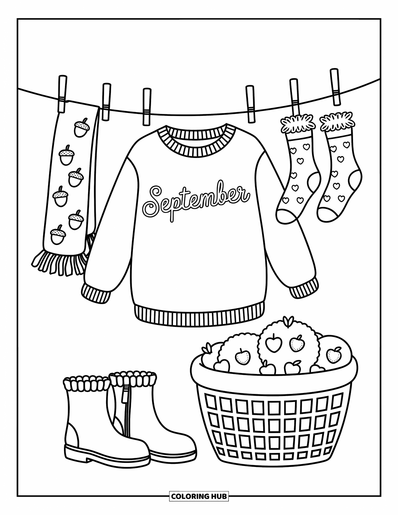 September Coloring Page for Adults: Clothesline with sweater reading "September," socks, scarf, and cute autumn wear
