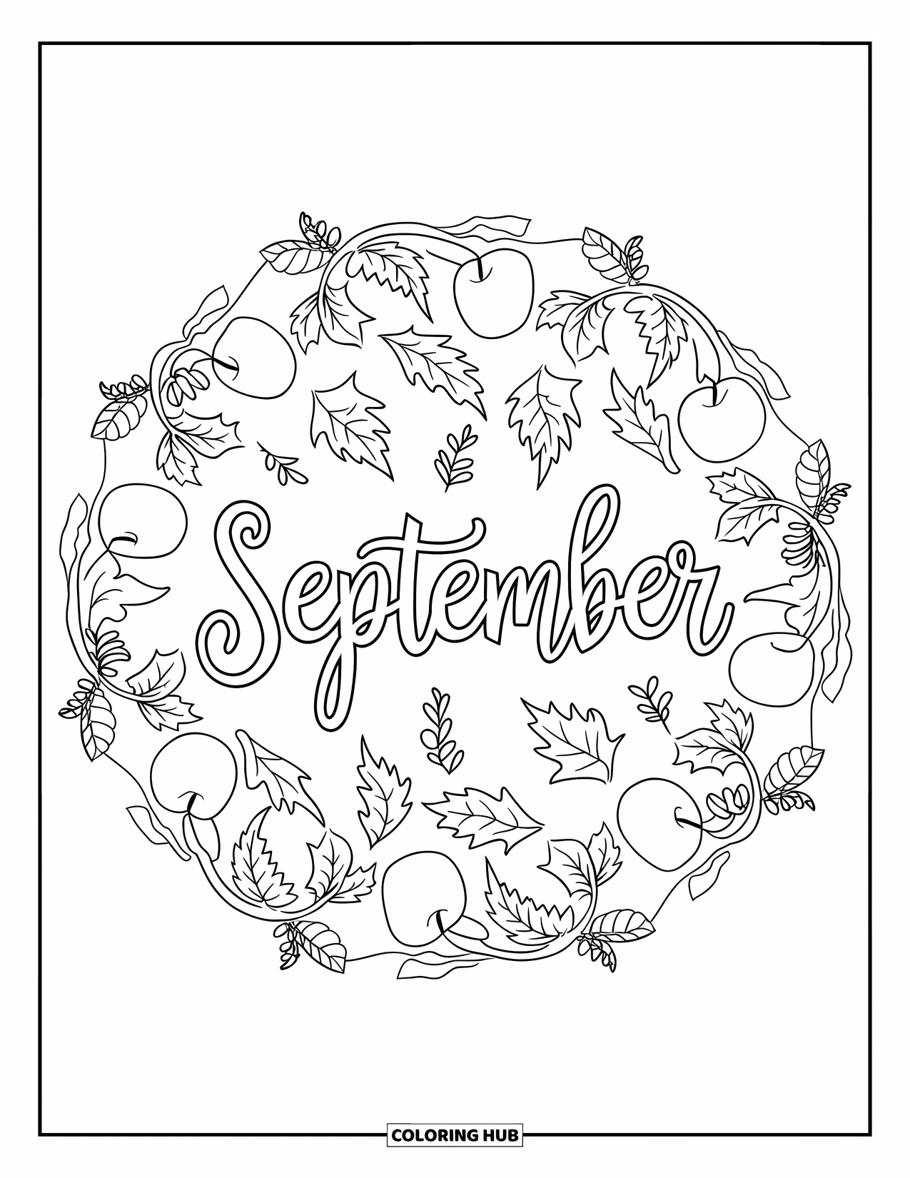 September Coloring Page for Adults: Falling leaves and apples form a mandala around the word "September"