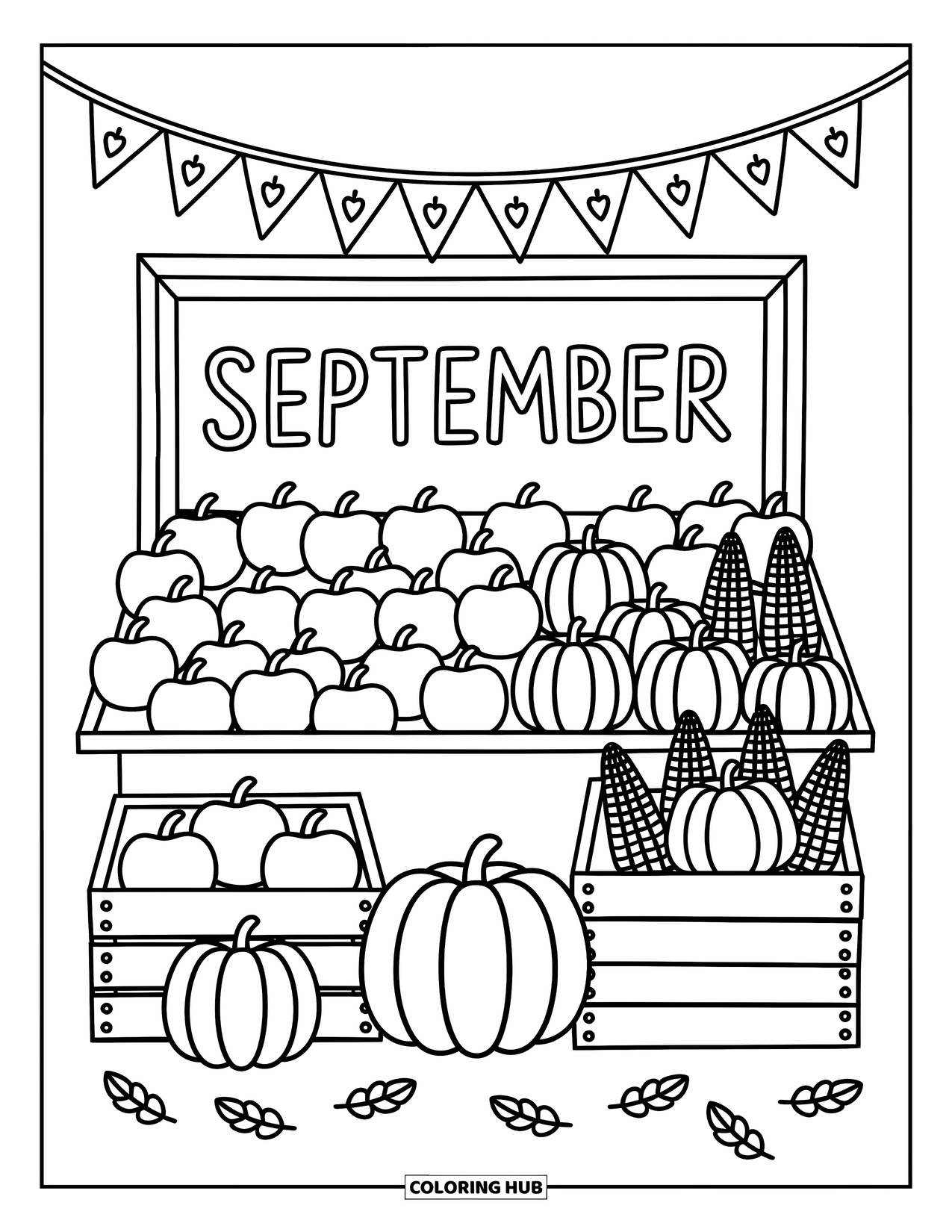 September Coloring Page for Adults: Harvest stall with "September" sign, apples, pumpkins, and playful fall doodles