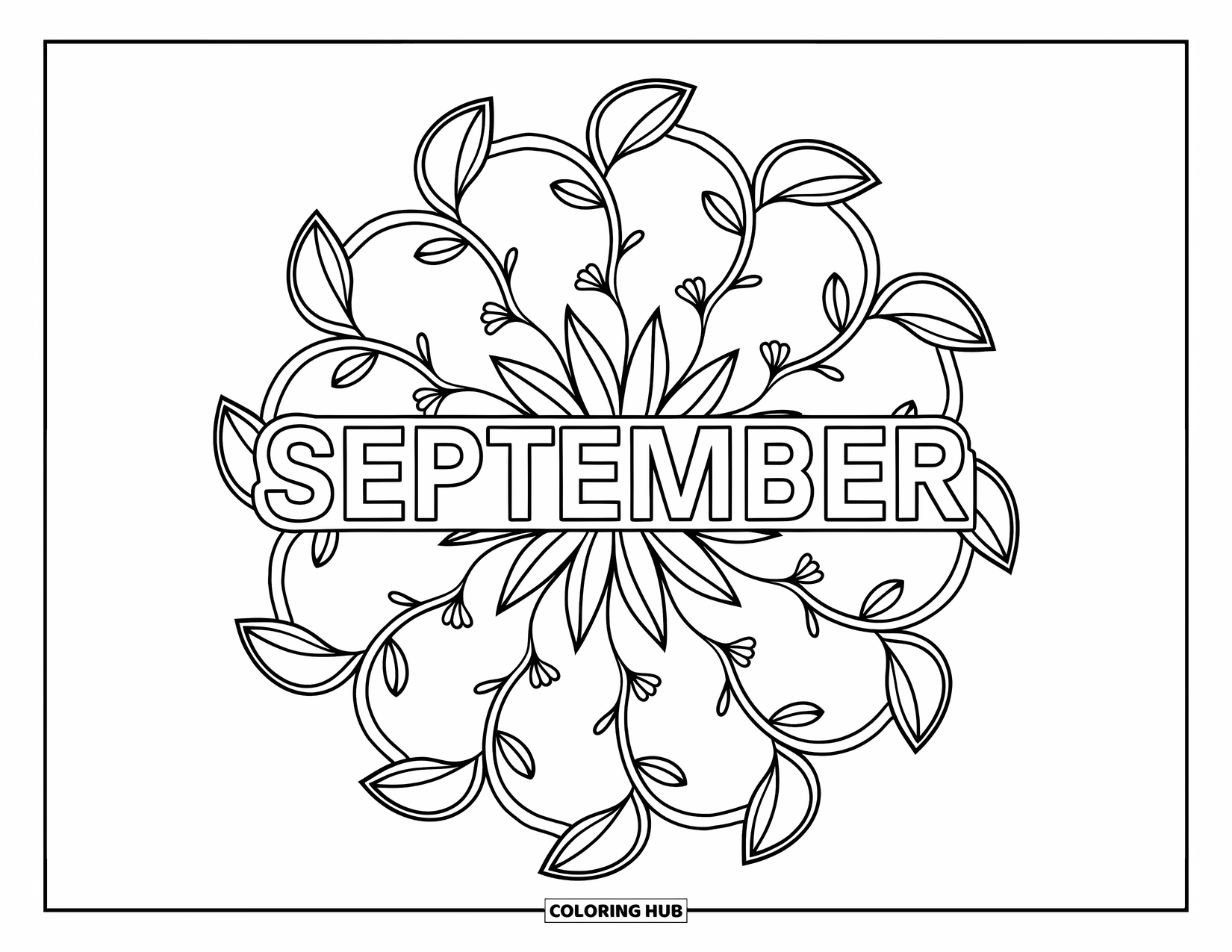 September Coloring Page for Adults: Leafy vine mandala surrounds "September" with tiny flowers and bold outlines