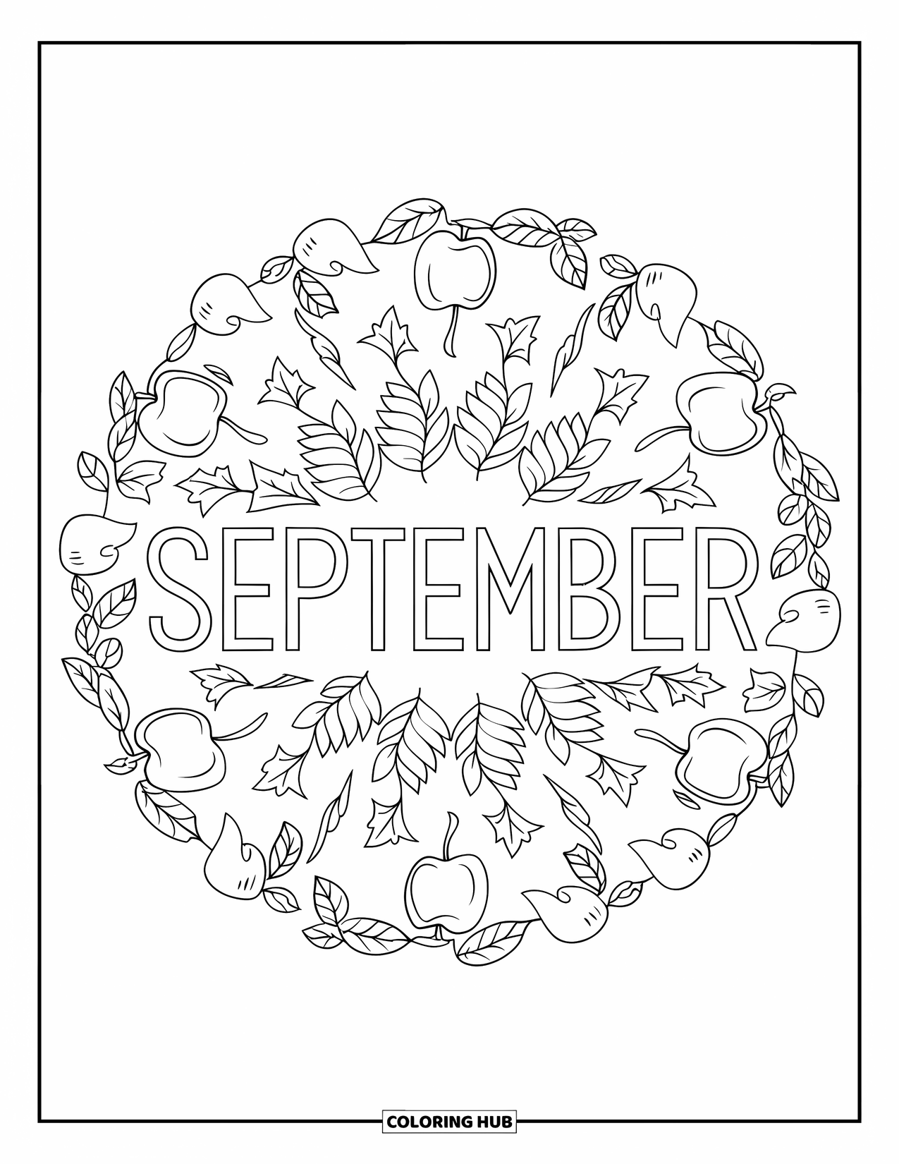 September Coloring Page for Adults: Mandala of autumn apples and vines surrounds "September" in hand-drawn script