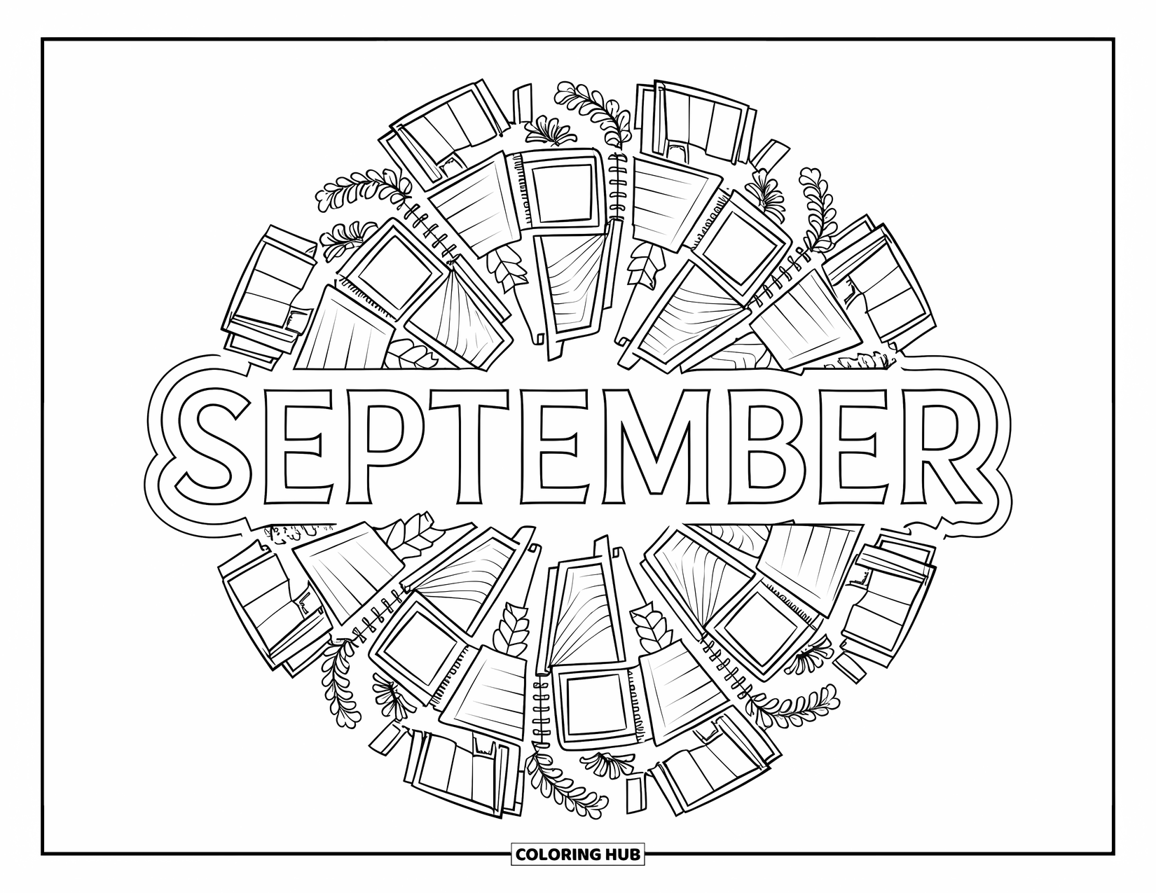 September Coloring Page for Adults: Mandala of classroom doodles surrounds "September" in a bold serif font