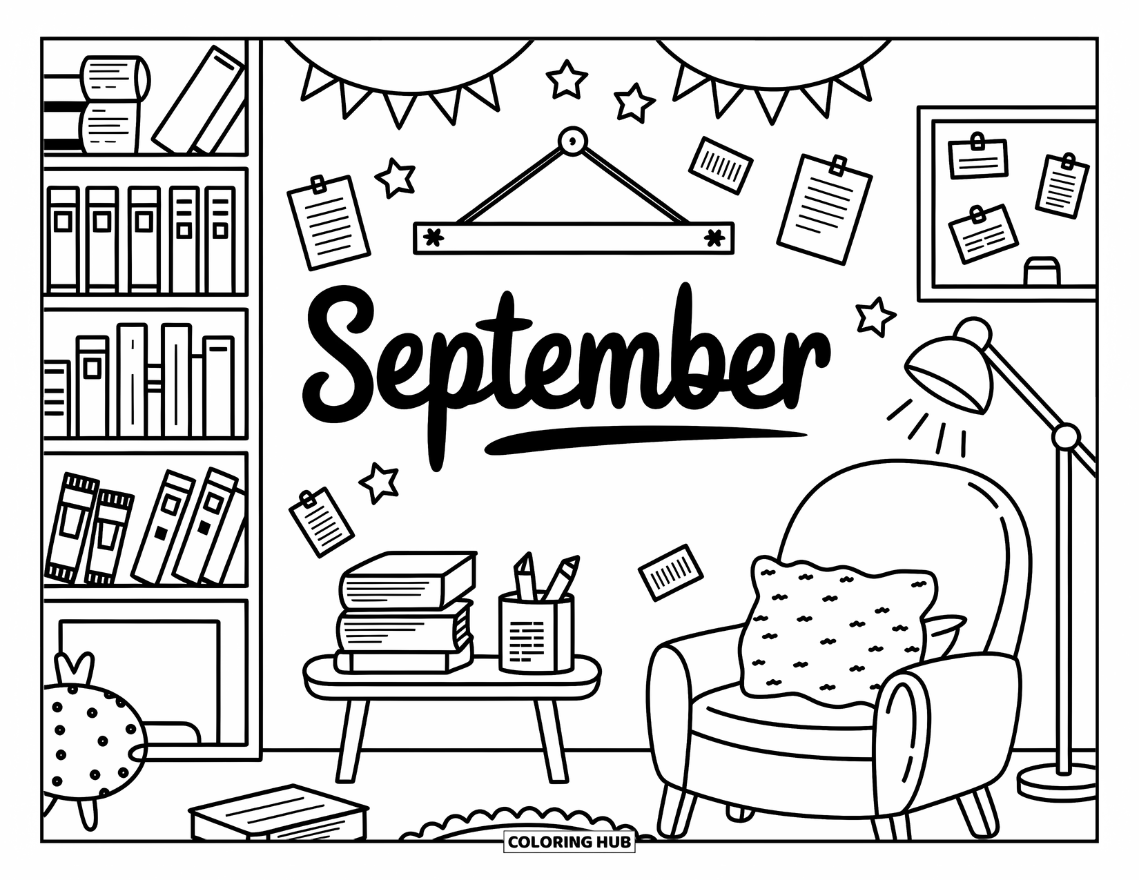 September Coloring Page for Adults: Reading nook with "September" on the wall and warm, playful doodles throughout