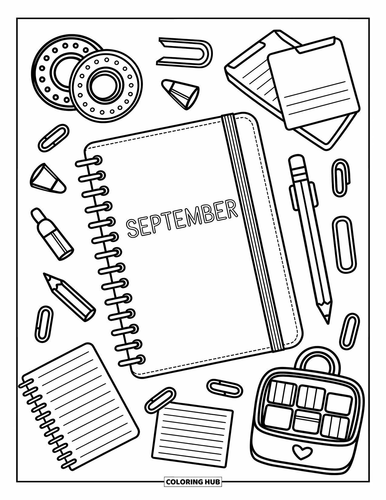 September Coloring Page for Adults: School supplies surround a "September" notebook in a cheerful flat lay