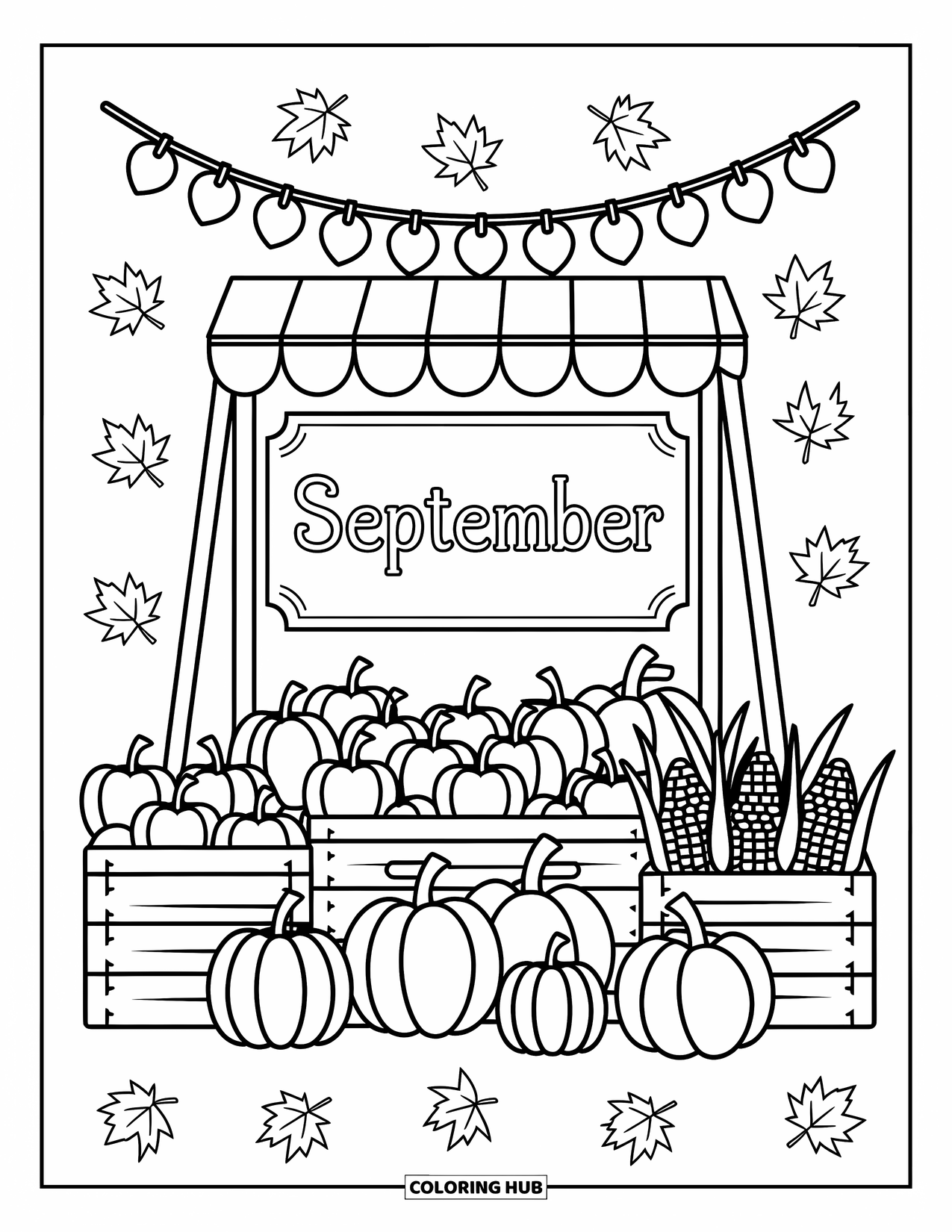 September Coloring Page for Adults: "September" chalkboard at a market stall full of apples and pumpkins
