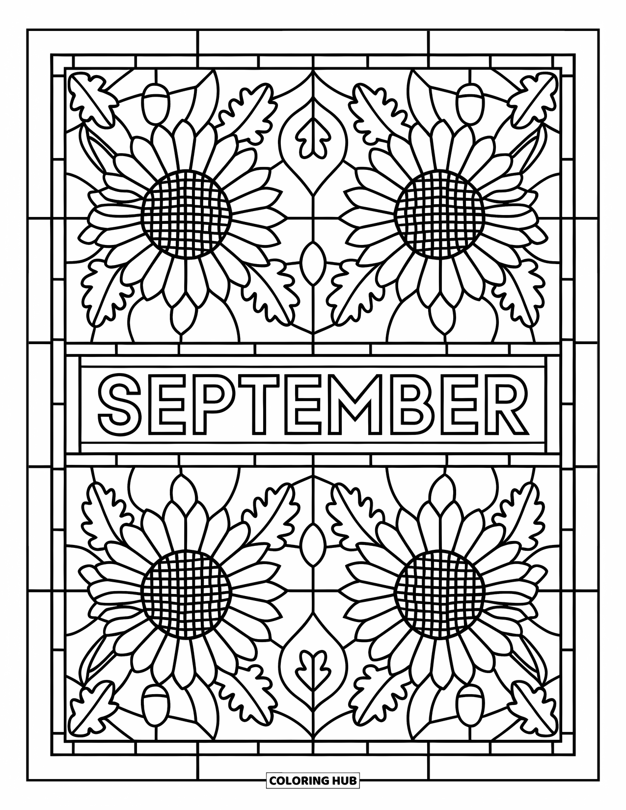 September Coloring Page for Adults: "September" framed in stained glass sunflowers, oak leaves, and acorns