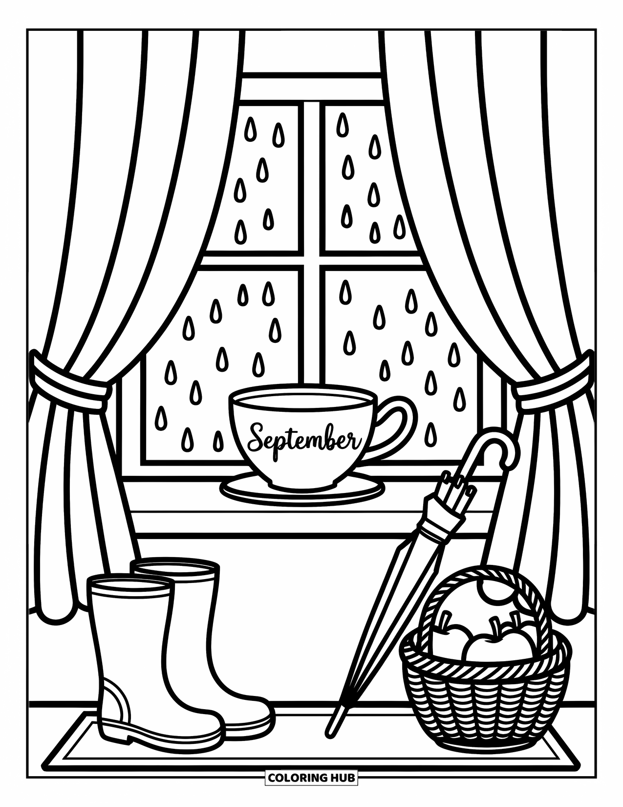 September Coloring Page for Adults: "September" on a teacup with boots, apples, and soft autumn rain outside