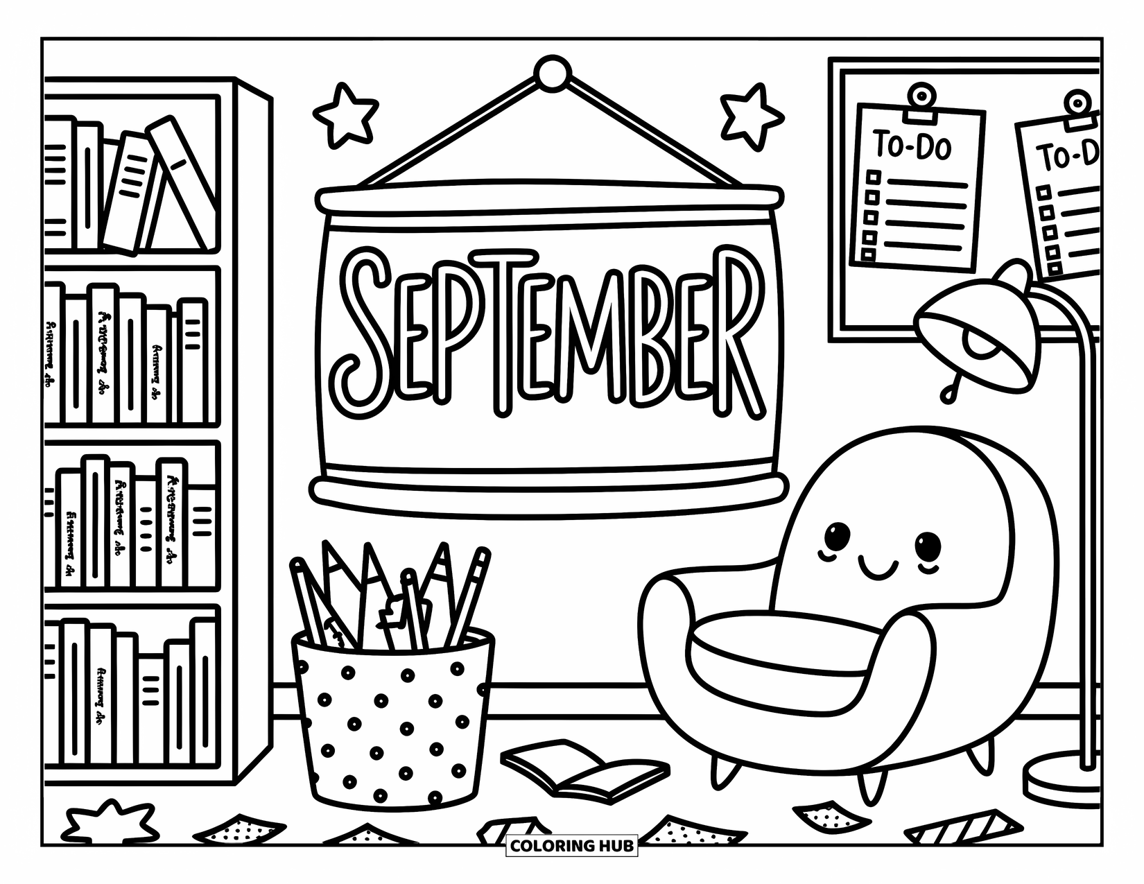 September Coloring Page for Adults: "September" sign in a cozy nook with lists, books, and a glowing lamp