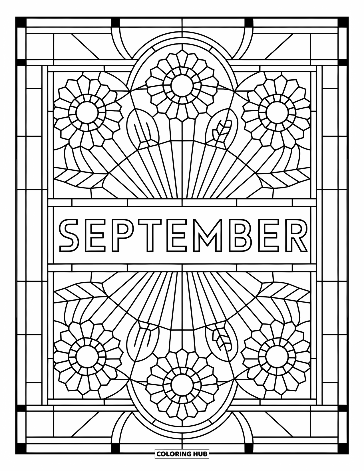 September Coloring Page for Adults: "September" sits in the center of a sunflower and oak leaf stained glass