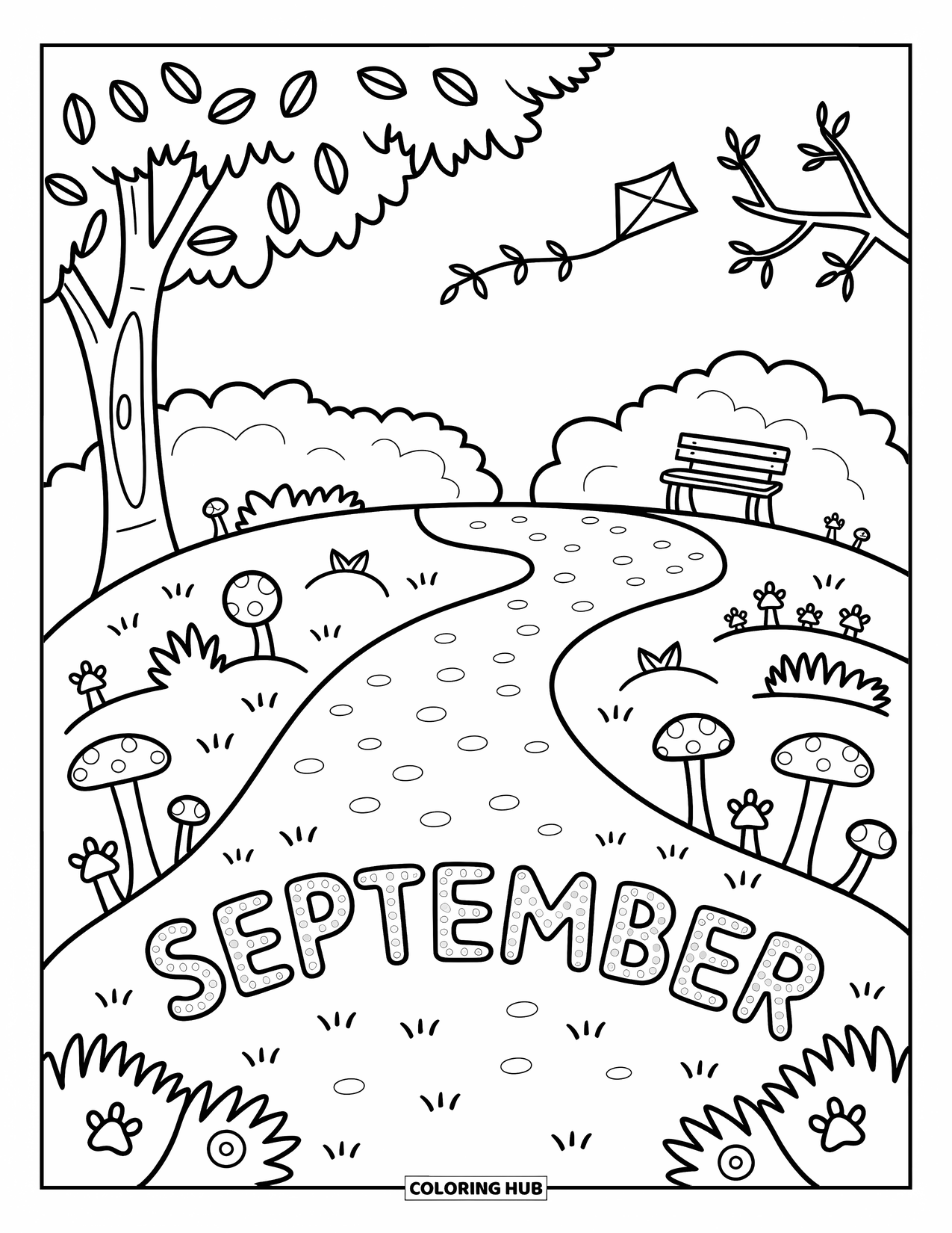 September Coloring Page for Adults: "September" spelled in stones on a trail with paw prints and swirling leaves