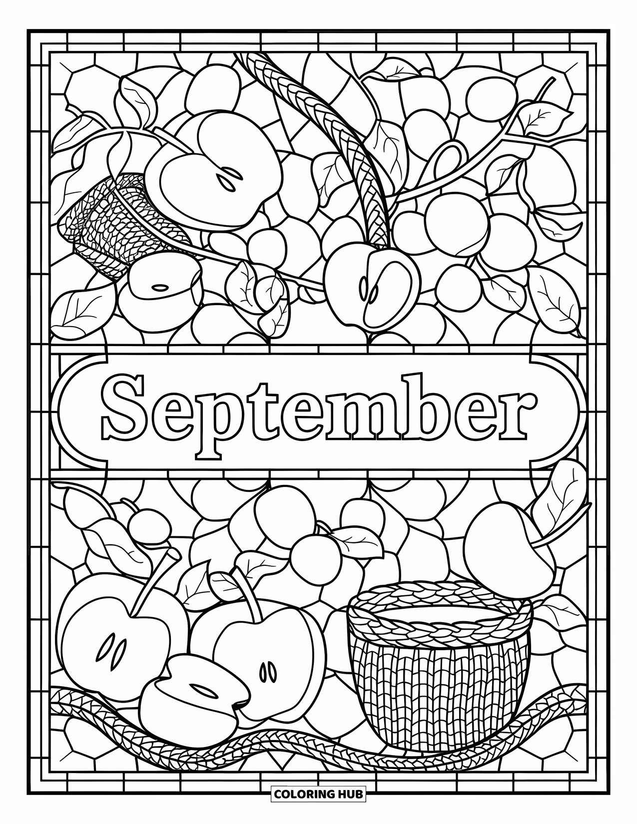 September Coloring Page for Adults: "September" surrounded by stained glass border with apples, vines, and baskets