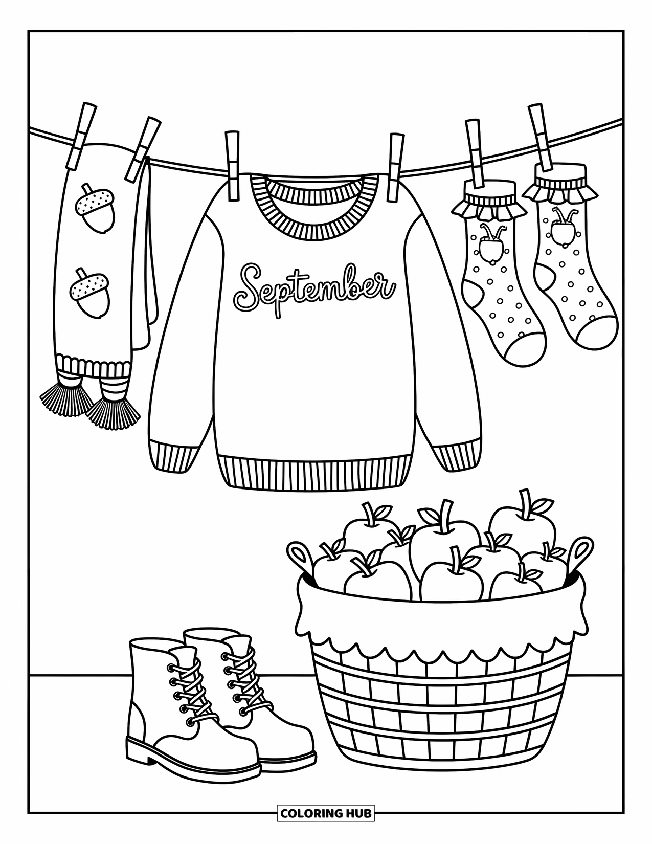 September Coloring Page for Adults: "September" sweater, acorn scarf, and boots in a cute autumn laundry scene
