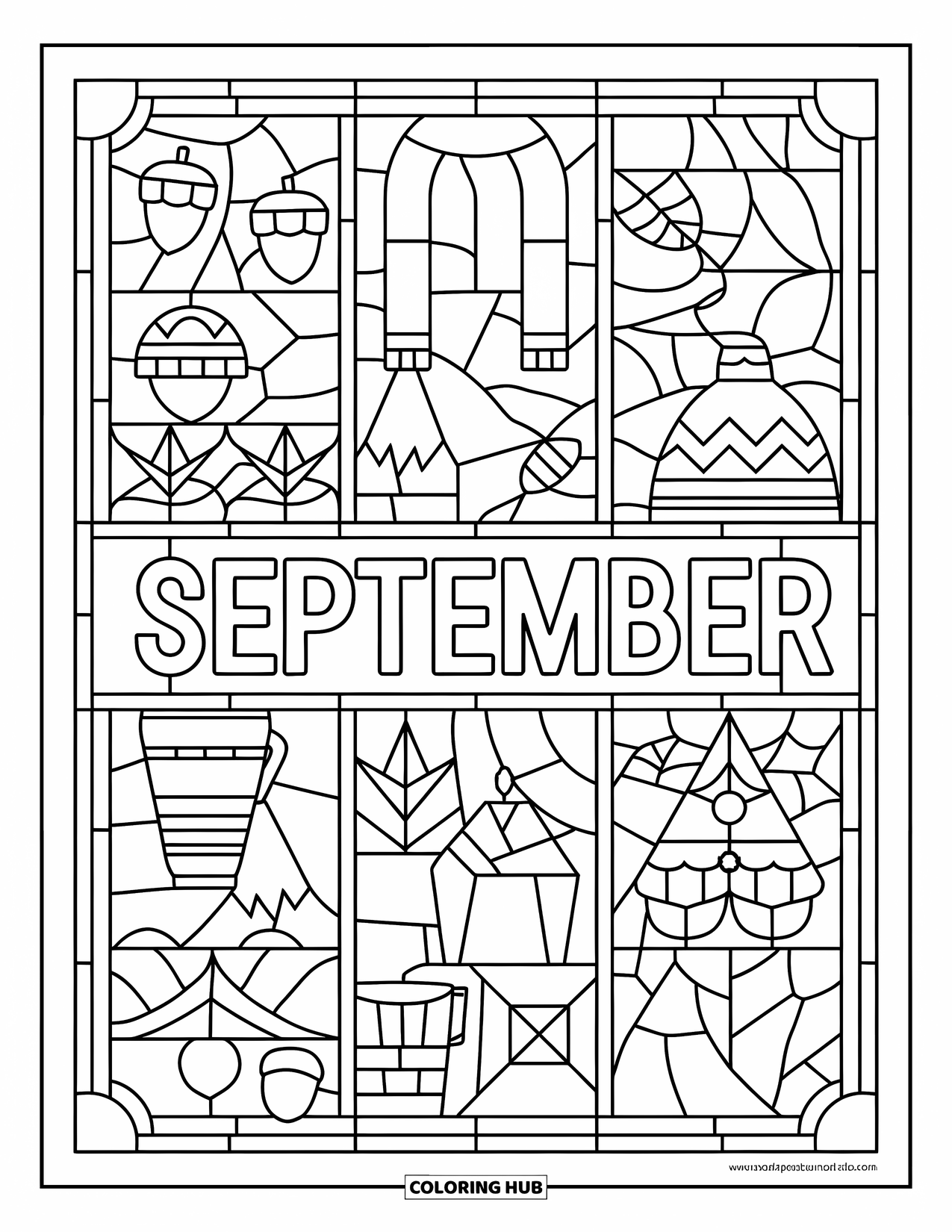 September Coloring Page for Adults: Stained glass design with fall icons surrounding the word "September"