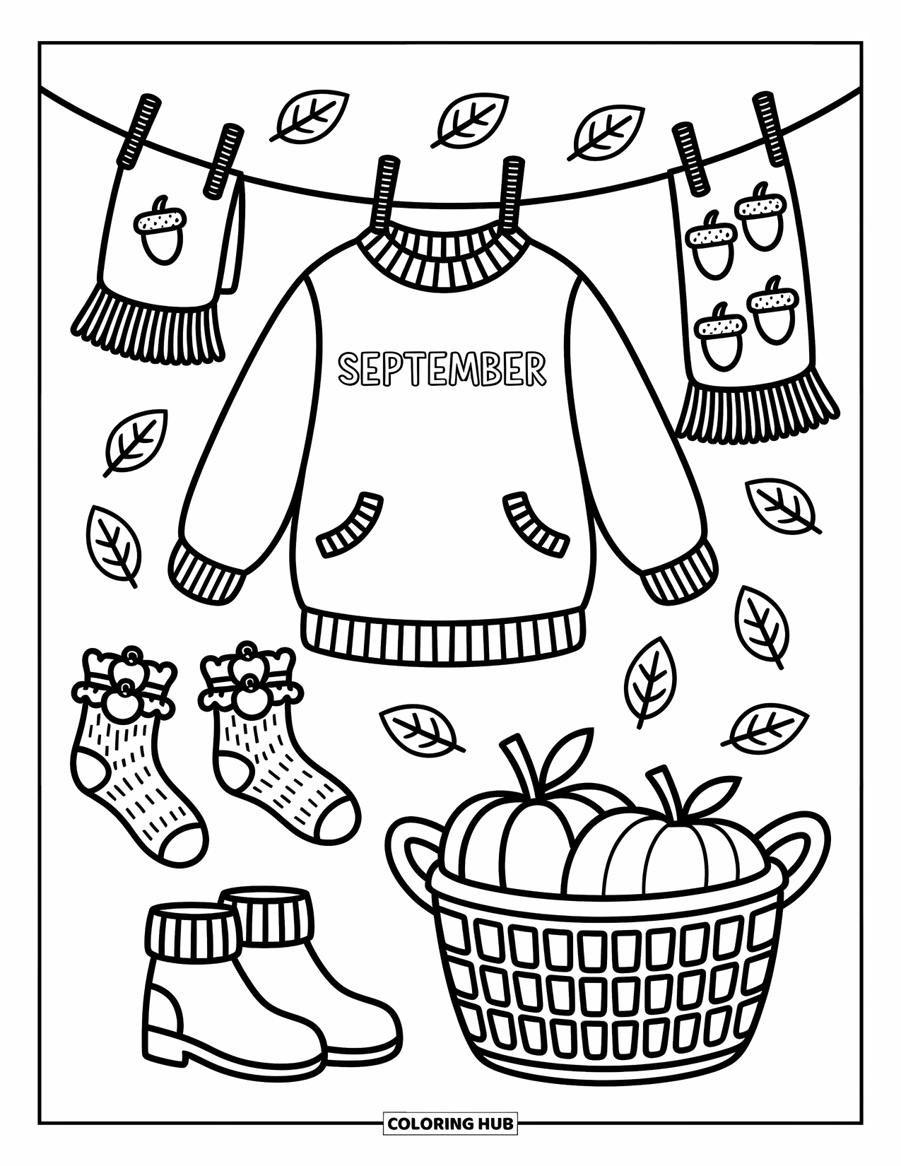 September Coloring Page for Adults: Sweater with "September" hangs with cozy clothes and apple-shaped pins