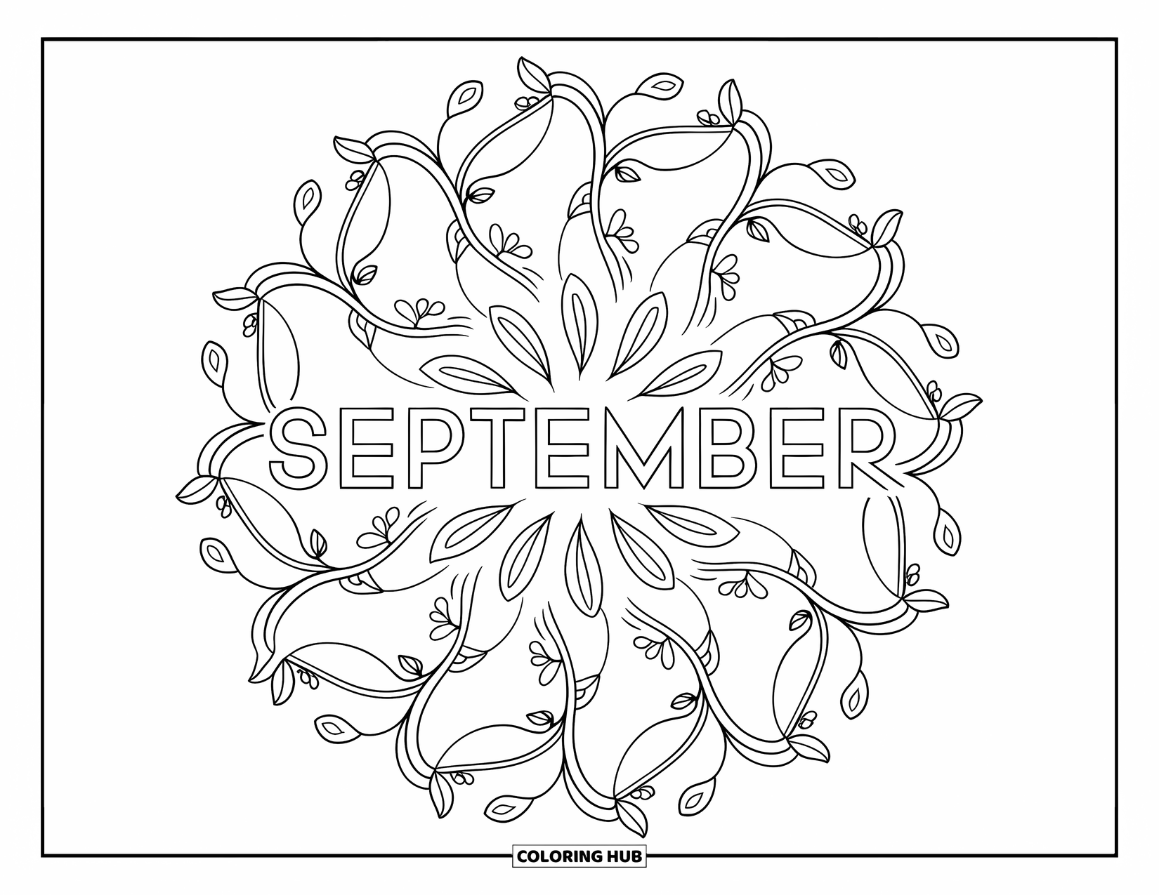 September Coloring Page for Adults: Swirling leaves and buds frame "September" in a cozy mandala