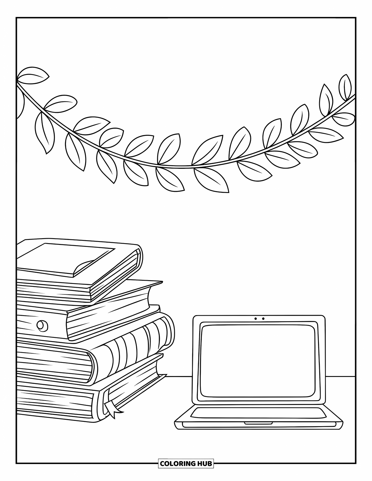 September Coloring Page for Kids: A desk with books, a laptop, and a leafy garland