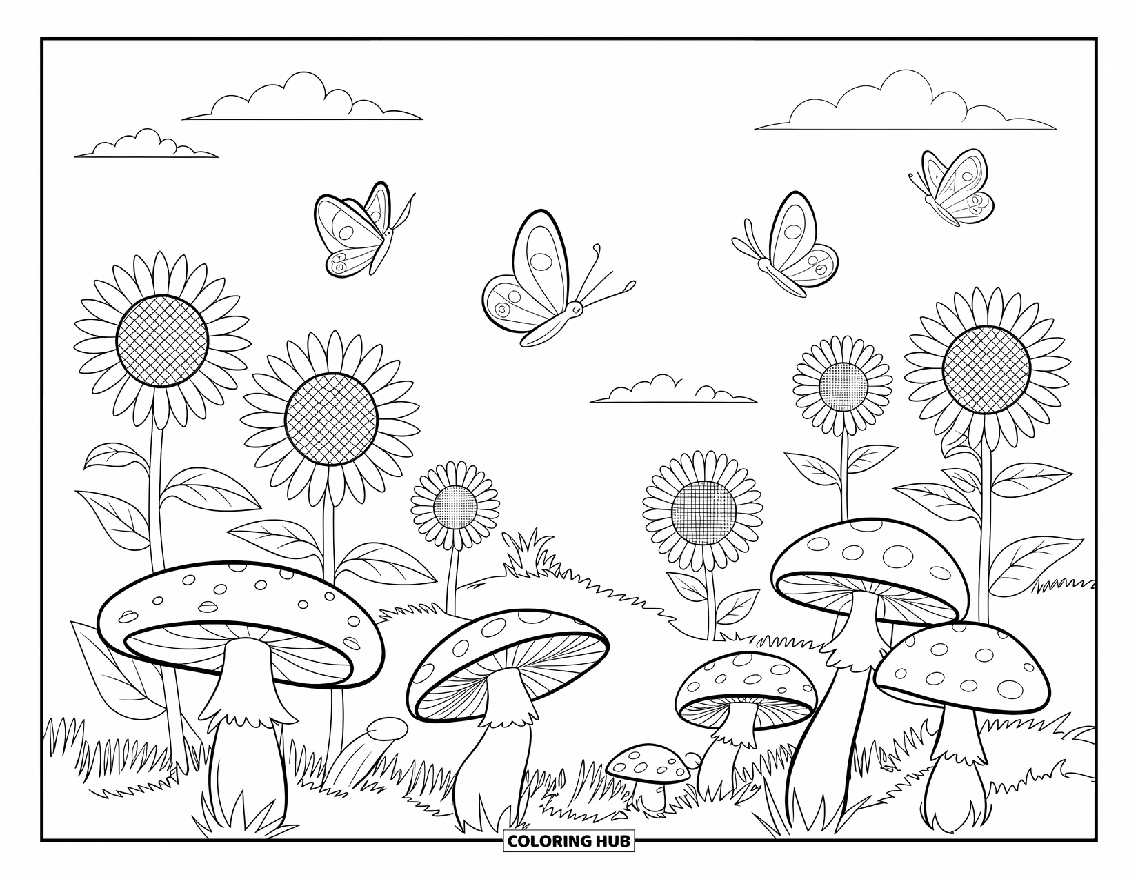 September Coloring Page for Kids: A field full of sunflowers, mushrooms, and fluttering butterflies